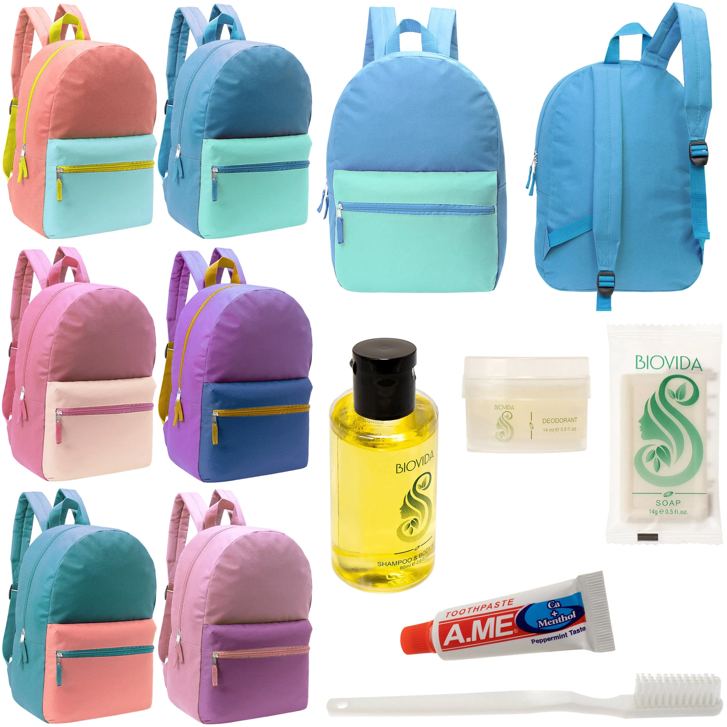 12 17" Two Tone Backpacks in 6 Color Combinations & Your Choice of 12 Bulk Hygiene Kits - Wholesale Care Package: Homeless, Emergency, Charity