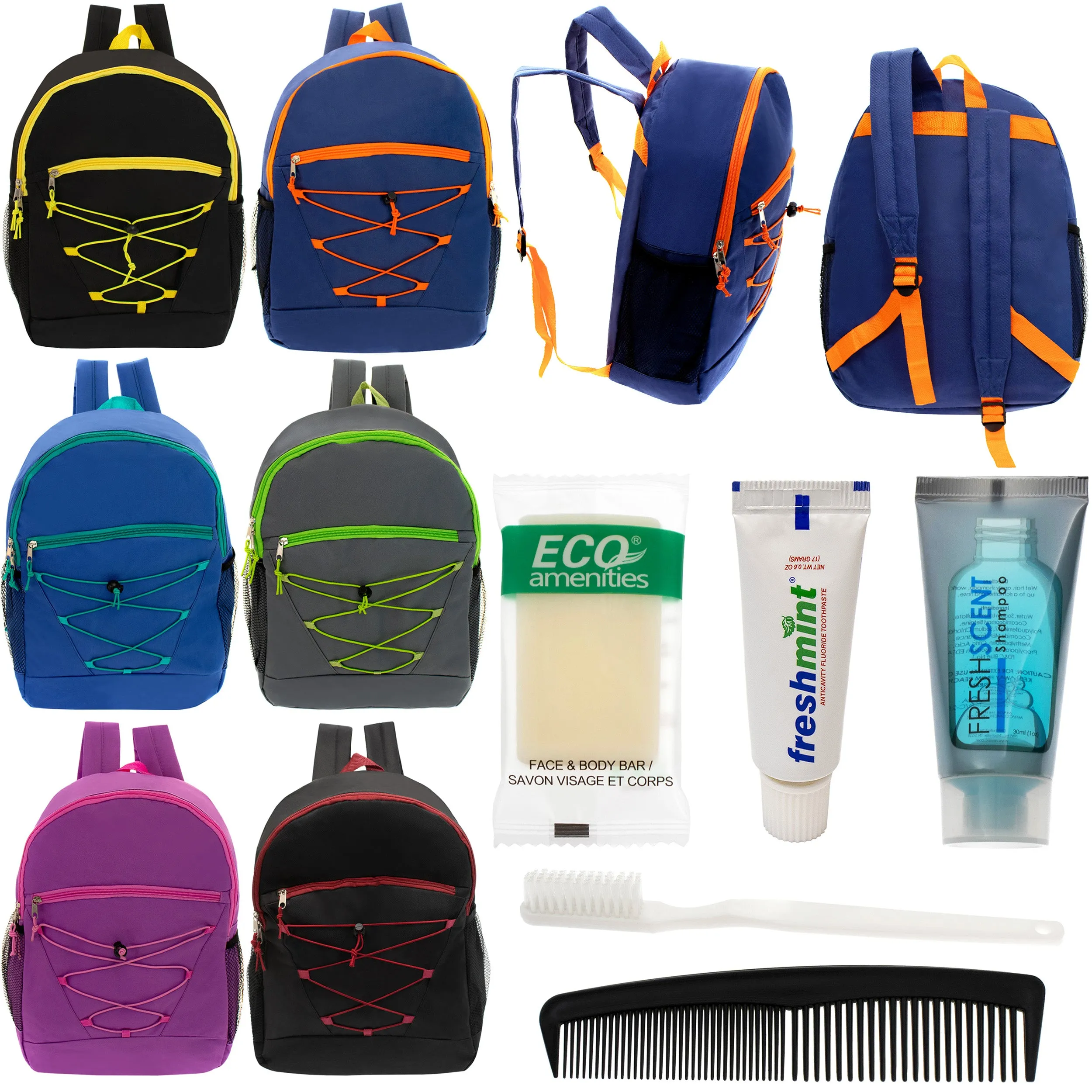 12 Bungee 17" Backpacks in 6 Colors & Your Choice of 12 Bulk Hygiene Kits - Wholesale Care Package: Homeless, Emergency, Charity