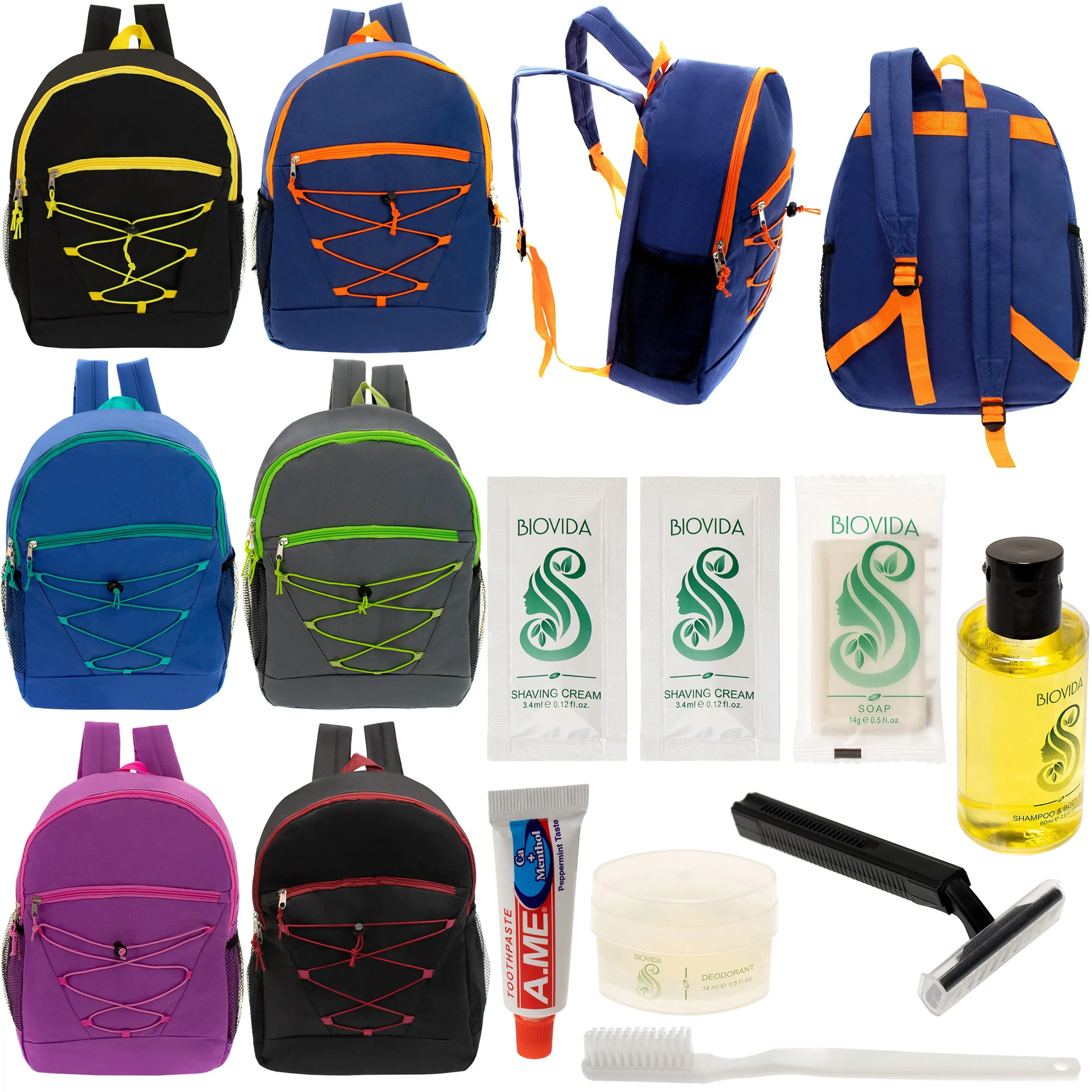 12 Bungee 17" Backpacks in 6 Colors & Your Choice of 12 Bulk Hygiene Kits - Wholesale Care Package: Homeless, Emergency, Charity