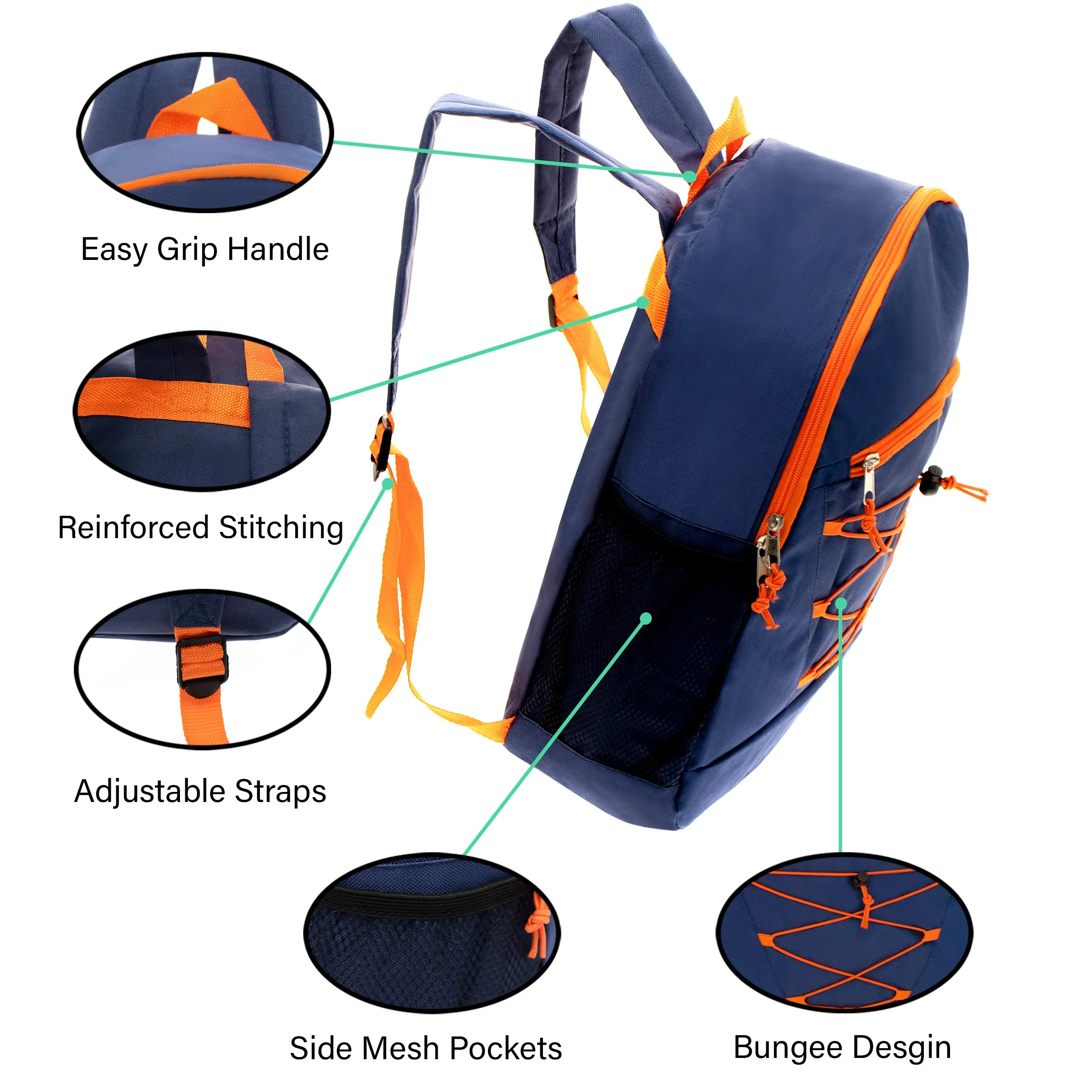 12 Bungee 17" Backpacks in 6 Colors & Your Choice of 12 Bulk Hygiene Kits - Wholesale Care Package: Homeless, Emergency, Charity