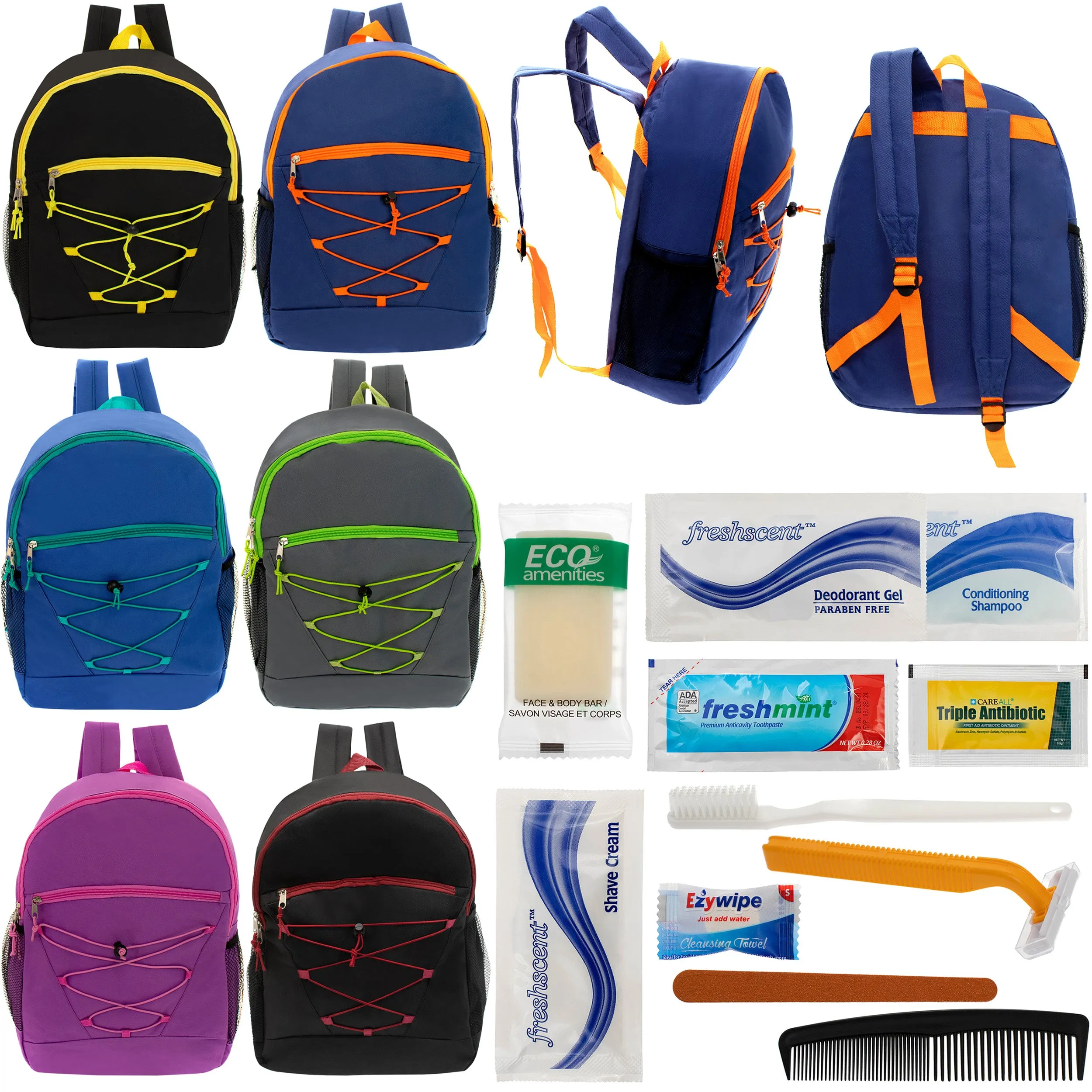 12 Bungee 17" Backpacks in 6 Colors & Your Choice of 12 Bulk Hygiene Kits - Wholesale Care Package: Homeless, Emergency, Charity