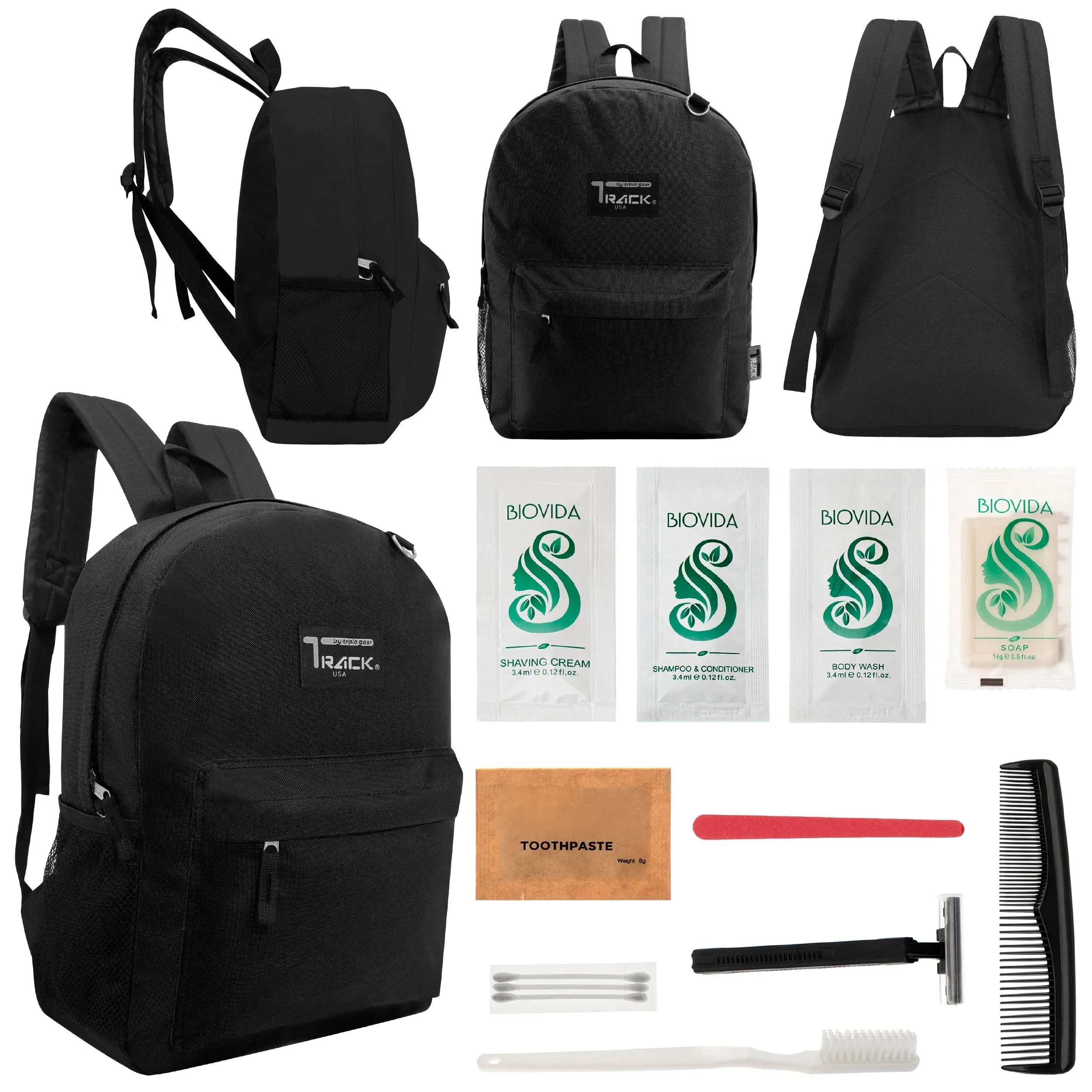 12 Classic 17" Backpacks in Black & Your Choice of 12 Bulk Hygiene Kits - Wholesale Care Package: Homeless, Emergency, Charity