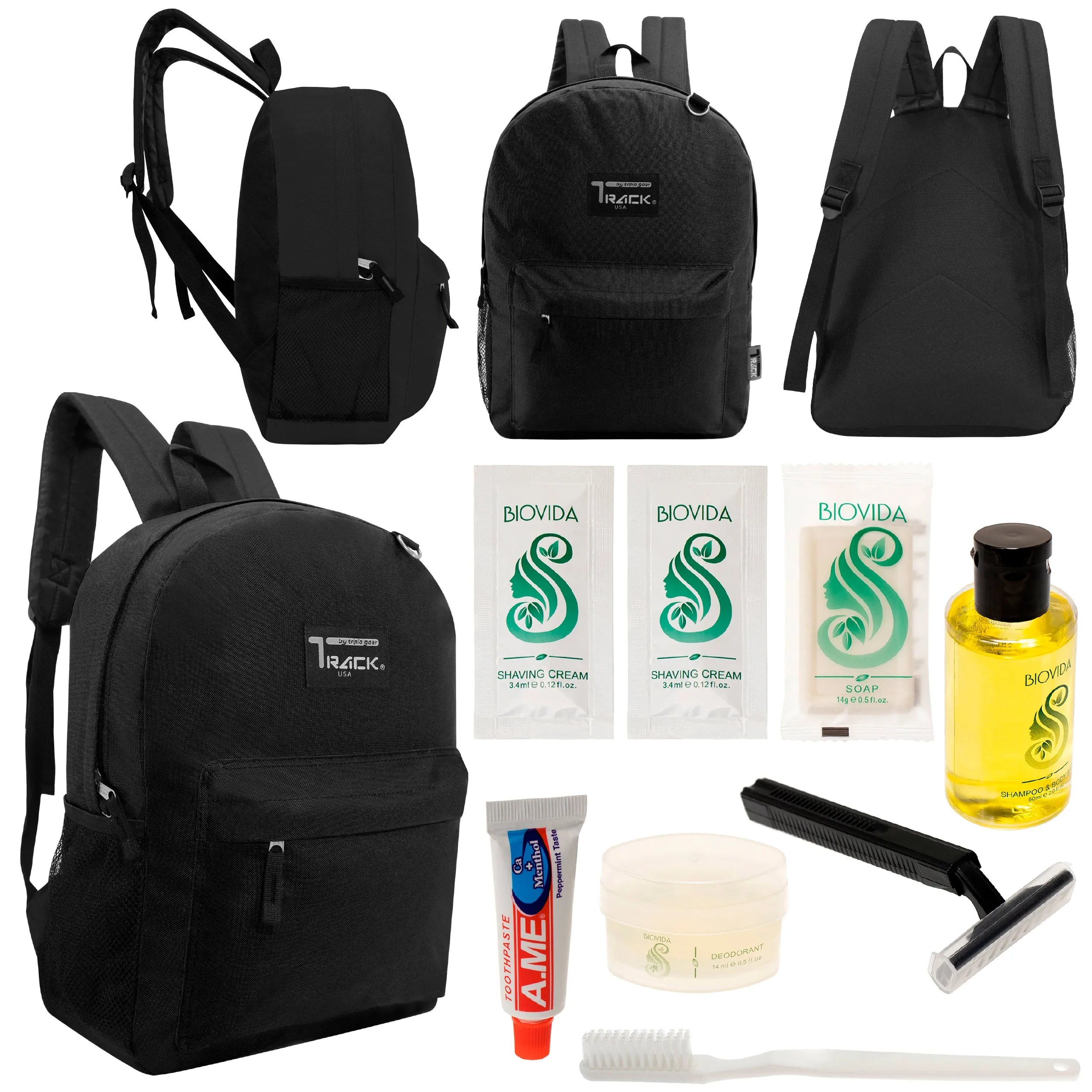 12 Classic 17" Backpacks in Black & Your Choice of 12 Bulk Hygiene Kits - Wholesale Care Package: Homeless, Emergency, Charity