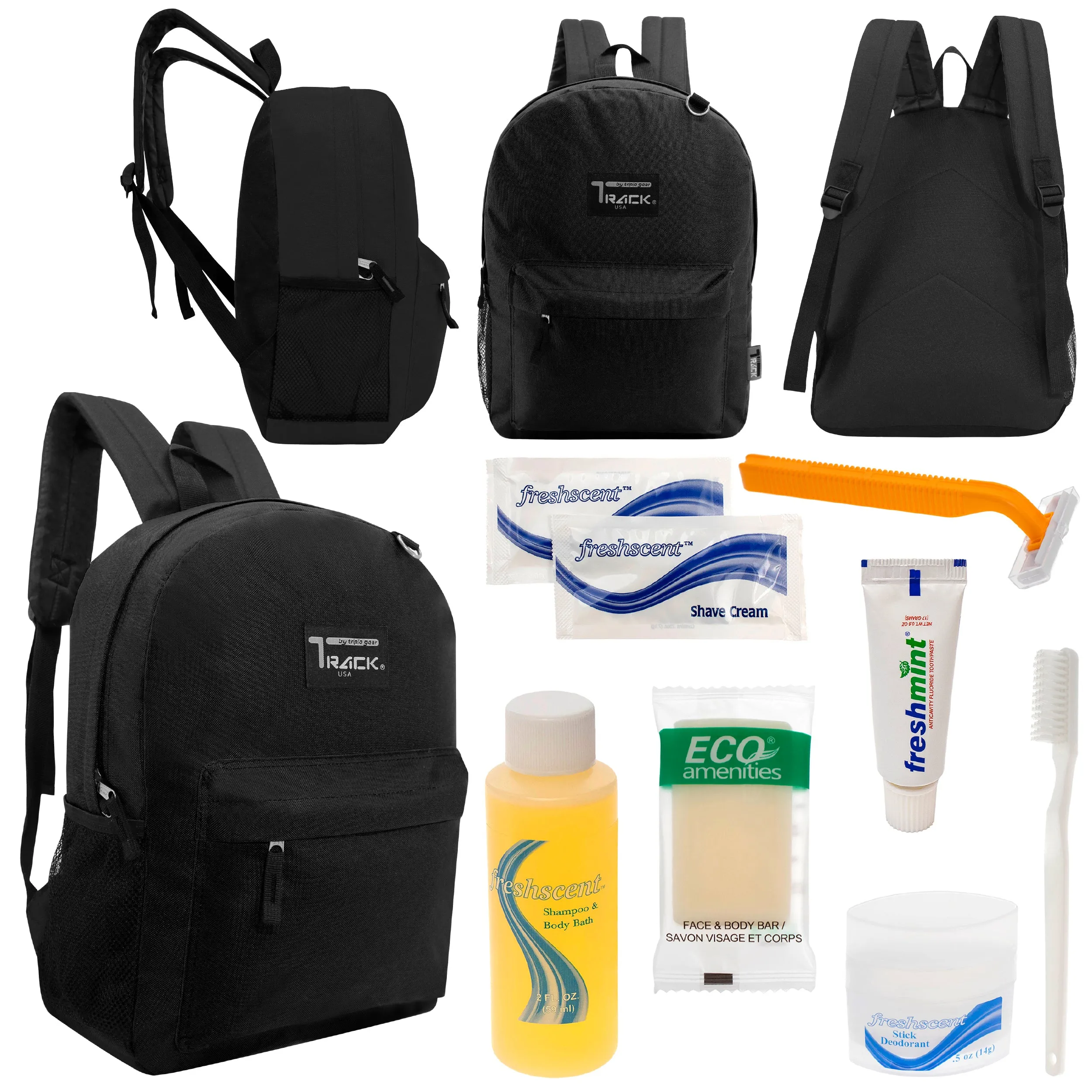 12 Classic 17" Backpacks in Black & Your Choice of 12 Bulk Hygiene Kits - Wholesale Care Package: Homeless, Emergency, Charity