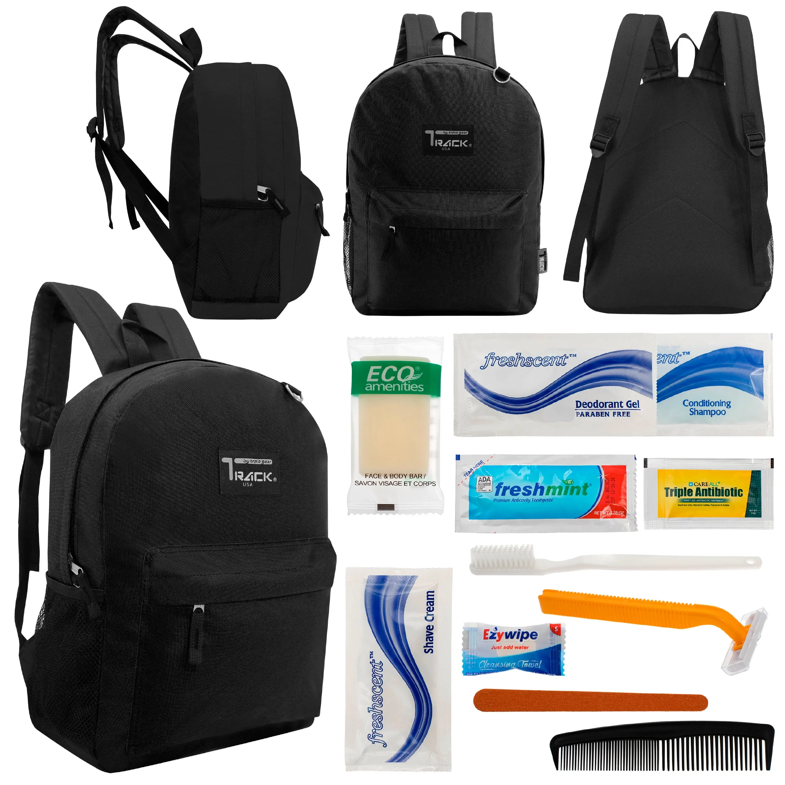 12 Classic 17" Backpacks in Black & Your Choice of 12 Bulk Hygiene Kits - Wholesale Care Package: Homeless, Emergency, Charity