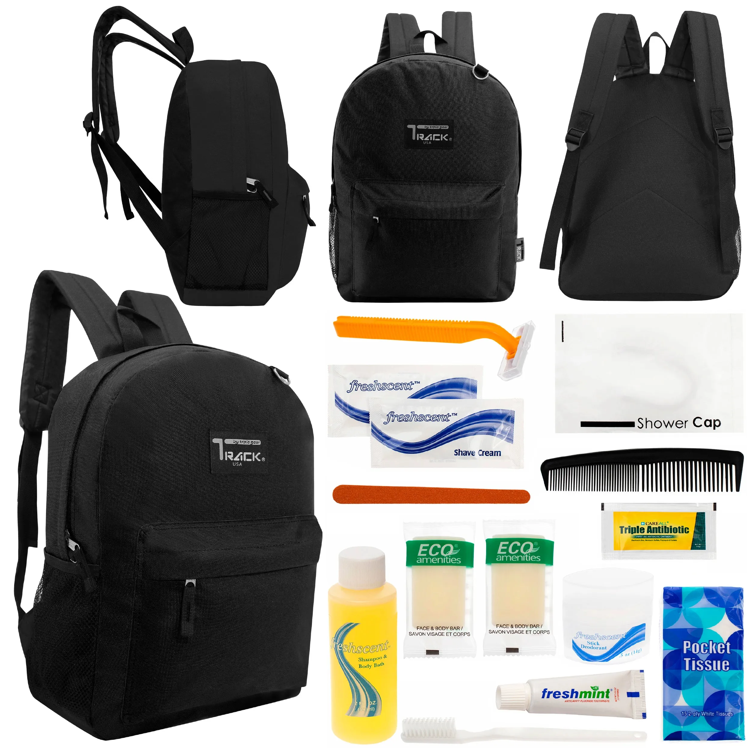 12 Classic 17" Backpacks in Black & Your Choice of 12 Bulk Hygiene Kits - Wholesale Care Package: Homeless, Emergency, Charity