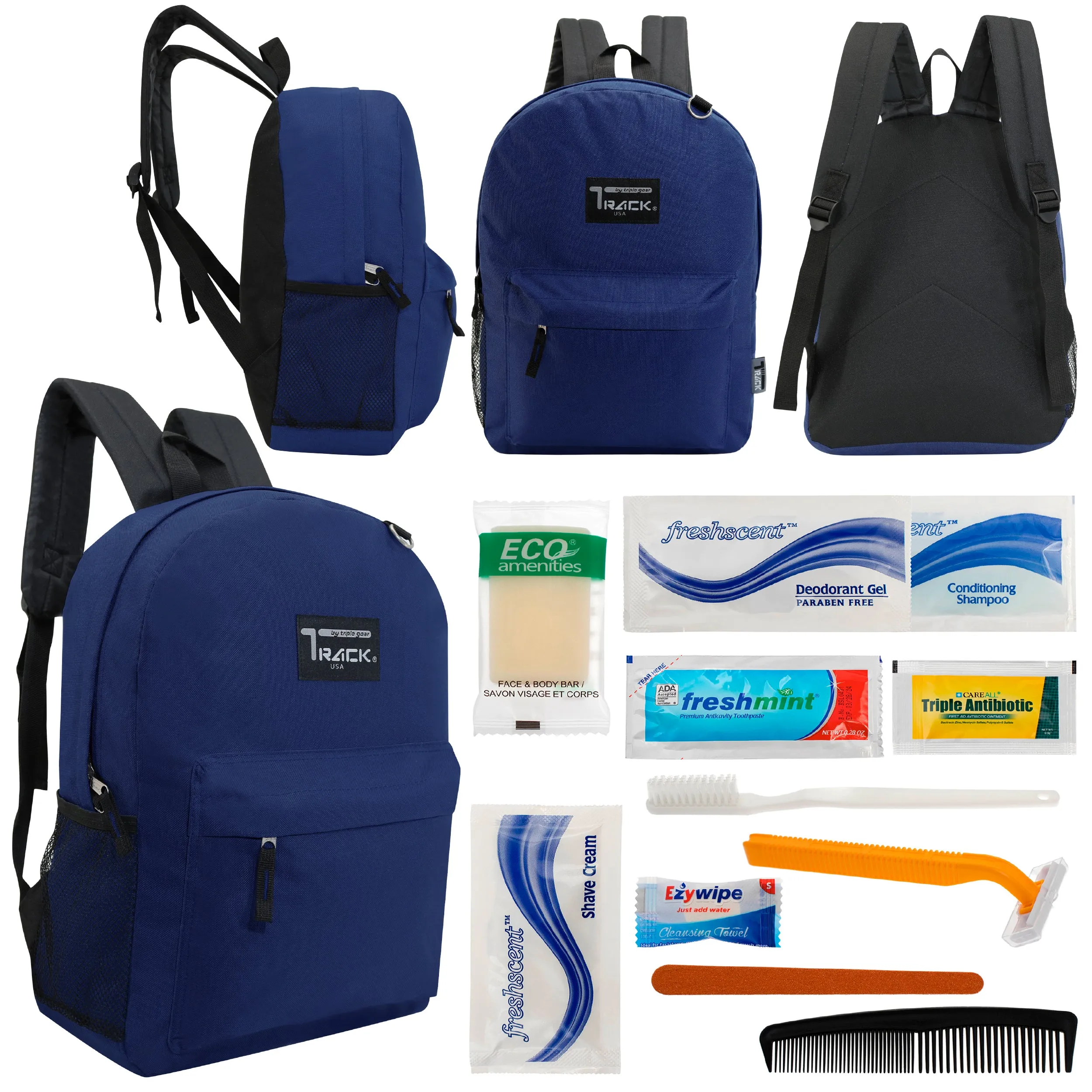 12 Classic 17" Backpacks in Navy Blue & Your Choice of 12 Bulk Hygiene Kits - Wholesale Care Package: Homeless, Emergency, Charity