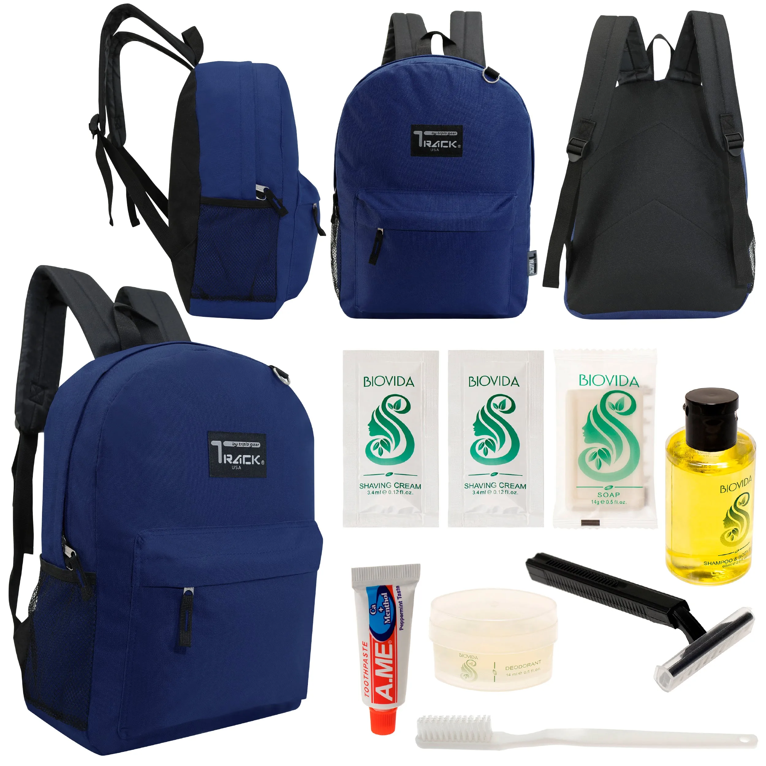 12 Classic 17" Backpacks in Navy Blue & Your Choice of 12 Bulk Hygiene Kits - Wholesale Care Package: Homeless, Emergency, Charity