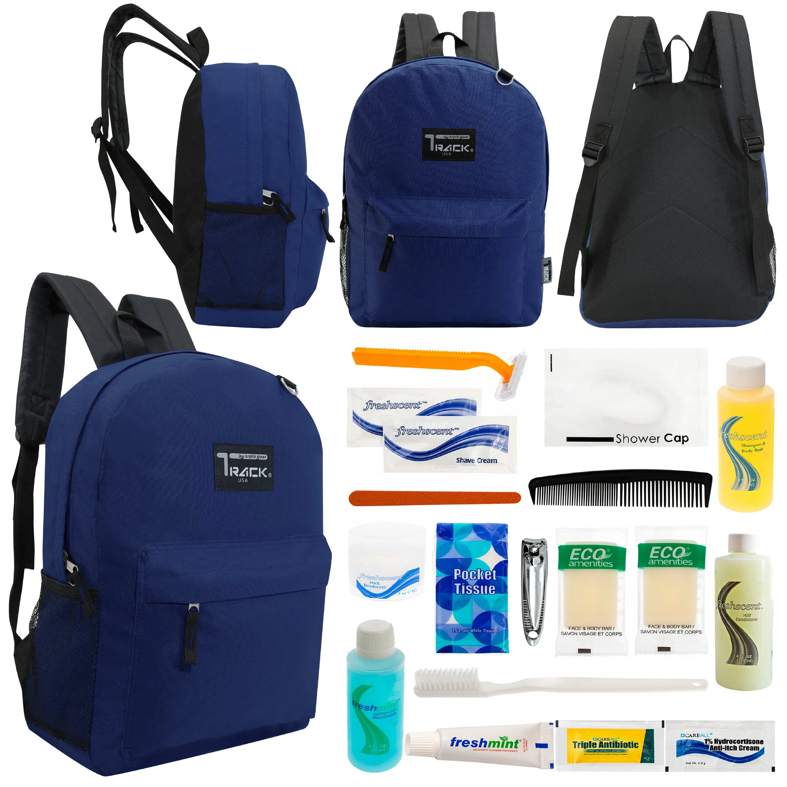 12 Classic 17" Backpacks in Navy Blue & Your Choice of 12 Bulk Hygiene Kits - Wholesale Care Package: Homeless, Emergency, Charity