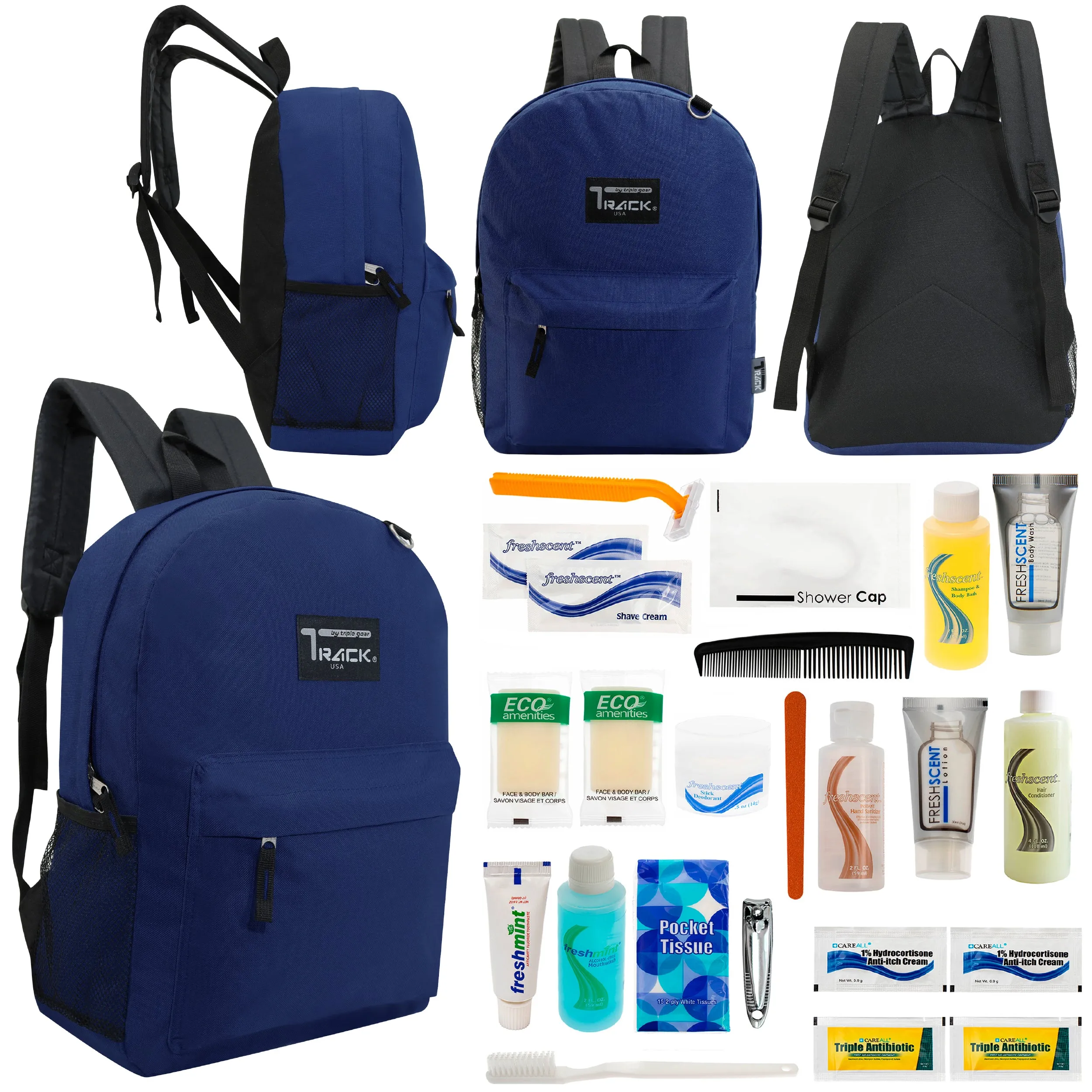 12 Classic 17" Backpacks in Navy Blue & Your Choice of 12 Bulk Hygiene Kits - Wholesale Care Package: Homeless, Emergency, Charity