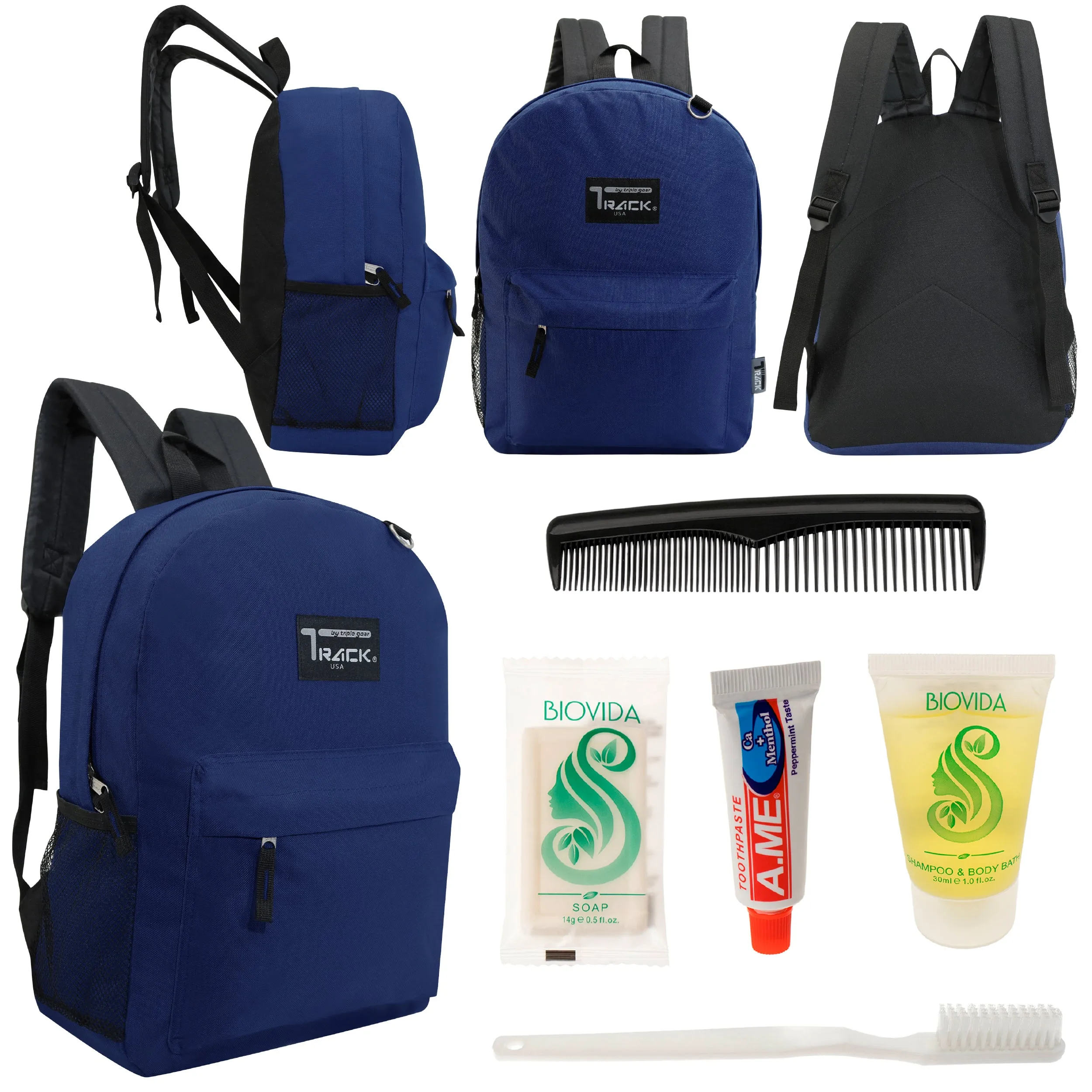 12 Classic 17" Backpacks in Navy Blue & Your Choice of 12 Bulk Hygiene Kits - Wholesale Care Package: Homeless, Emergency, Charity