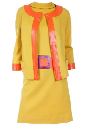 1960s Trompe L'oeil Mustard Yellow Orange & Purple Dress & Jacket