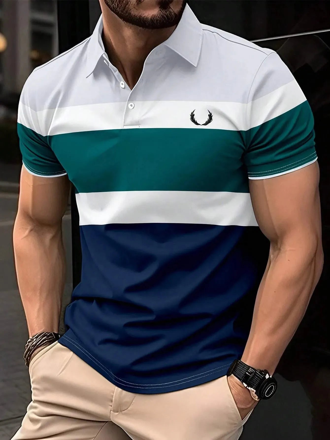 2024 New Men's Summer Short Clothes Sleeved Lapel 3D Digital Printed Striped Polo Shirt Men's Business Casual Top Clothes