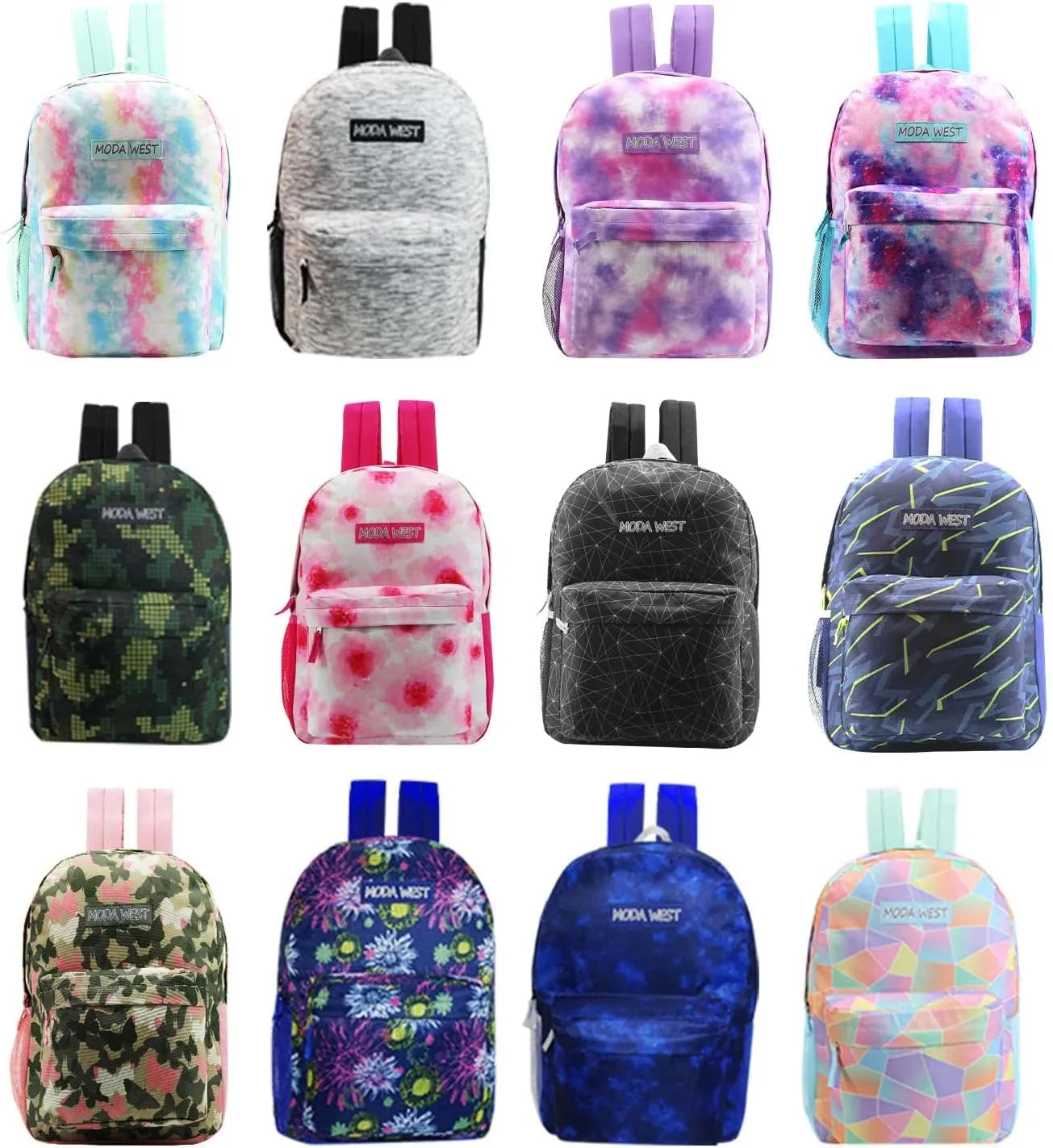 24 Pack of 17" Bungee Deluxe and Classic Design Wholesale Backpack in Assorted Colors and Prints  - Bulk Case of 24