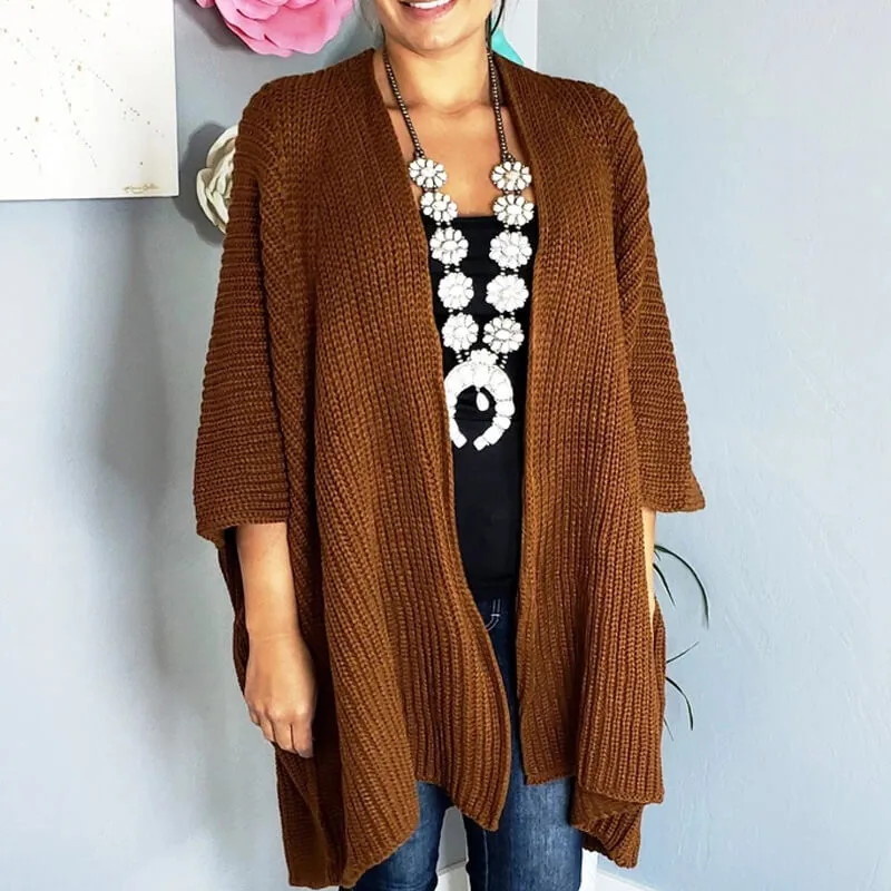 3/4 Sleeve Pure Color Knit Cardigan Sweater