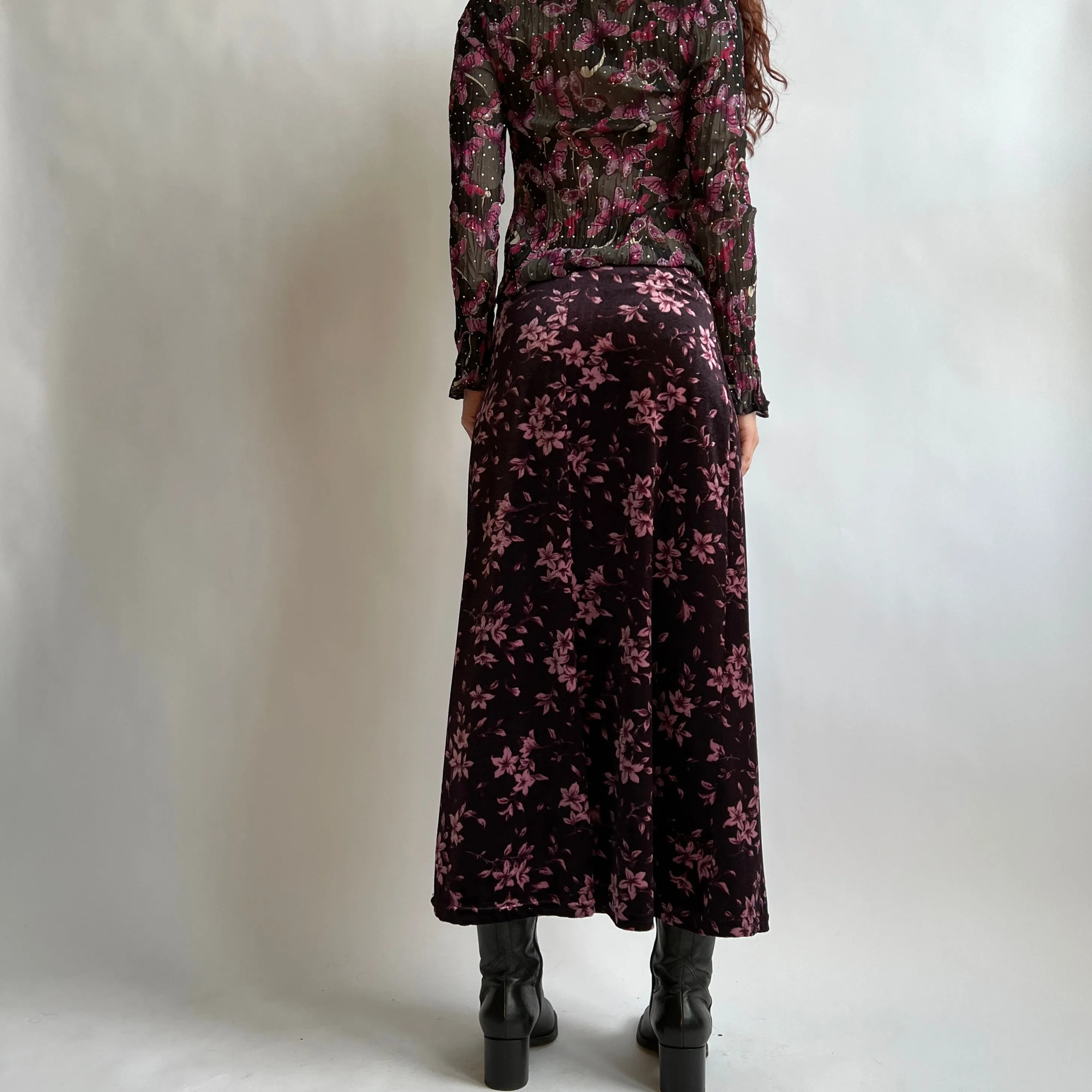 90s plum floral velvet maxi skirt