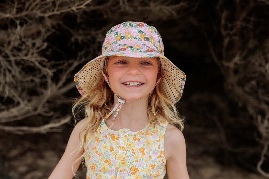 ACORN KIDS - ROSALIE BROAD BRIM BUCKET HAT: DUSKY PINK/GOLD FLORAL