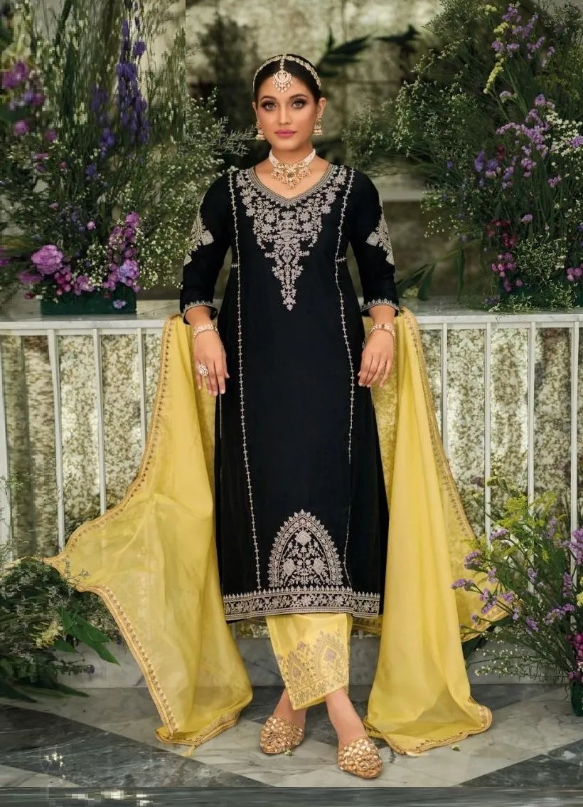 Appealing Black Colored Embroidery Work Premium Silk Palazzo Suits For Women