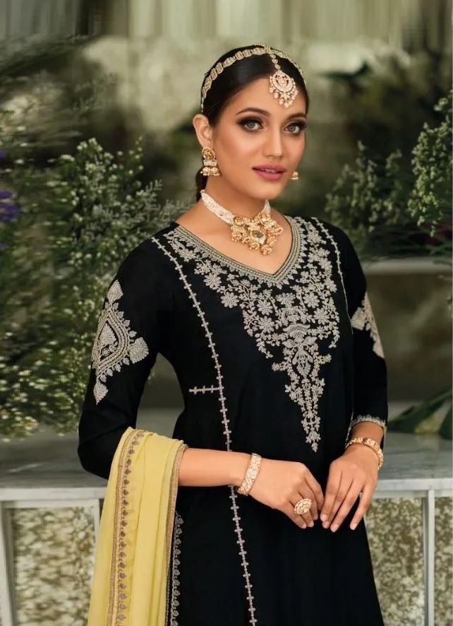 Appealing Black Colored Embroidery Work Premium Silk Palazzo Suits For Women