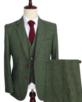 Army Green Men's Wool Tweed Suits 3 Pieces Formal Lapel Notch Herringbone Sports Suit Slim Fit Winter Wedding Blazer  (Jacket Vest Pants) CB09212