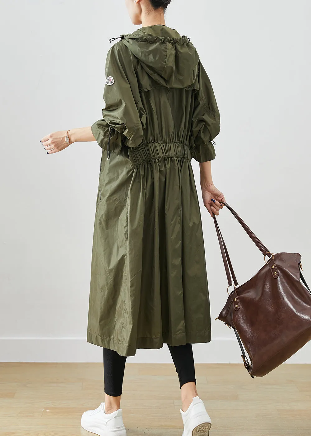 Army Green Spandex Trench Cinched Drawstring Fall ML2525