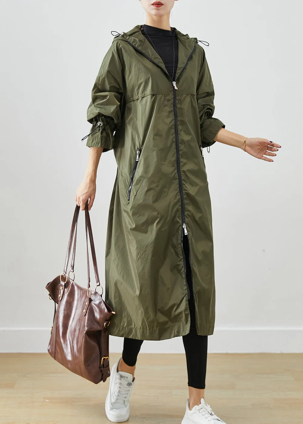 Army Green Spandex Trench Cinched Drawstring Fall ML2525