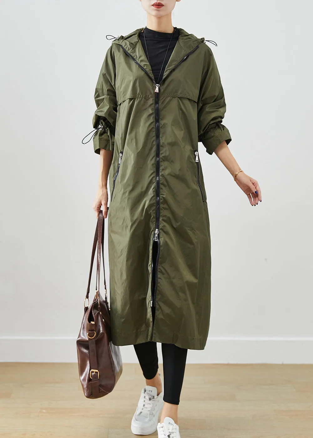 Army Green Spandex Trench Cinched Drawstring Fall ML2525