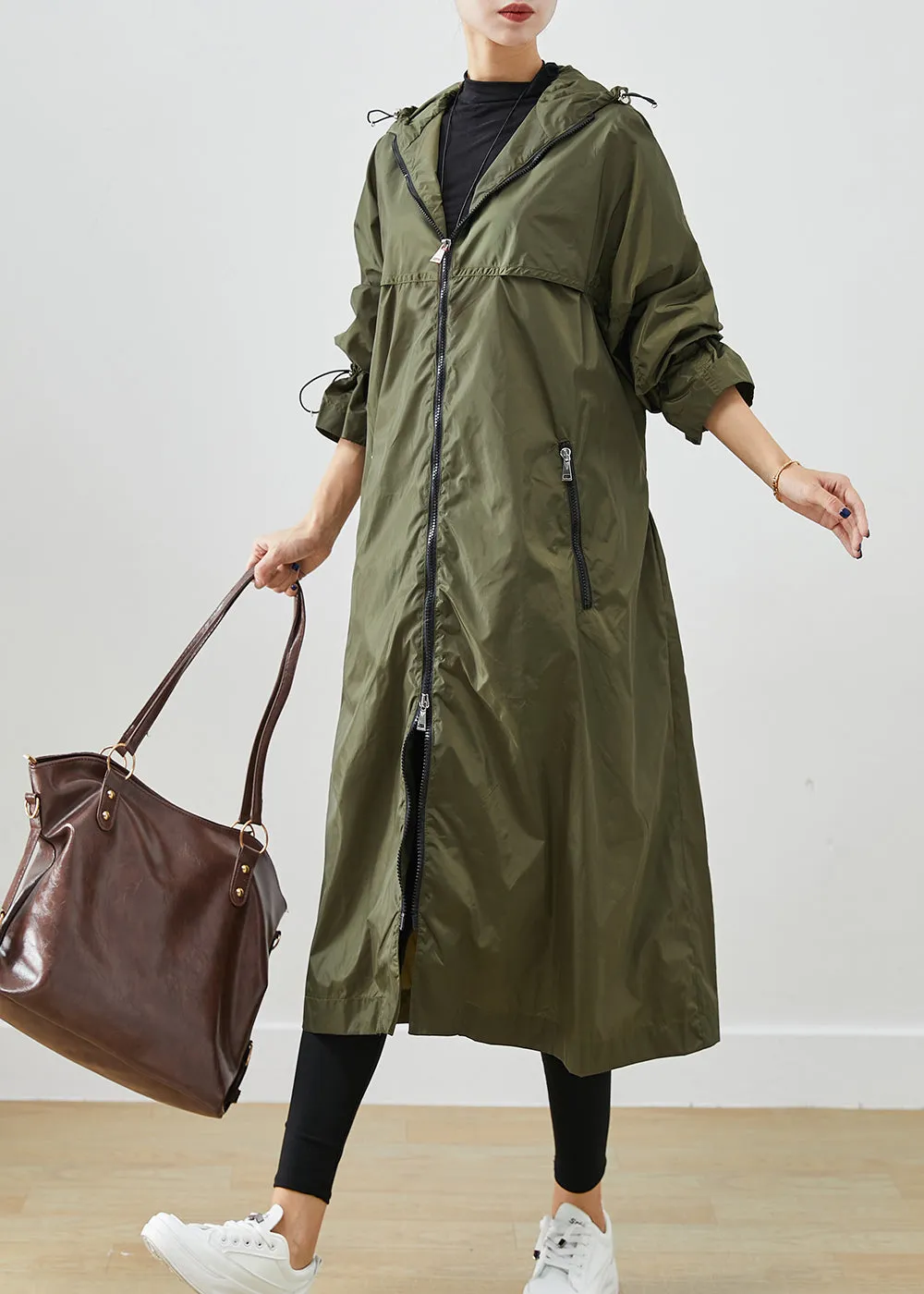 Army Green Spandex Trench Cinched Drawstring Fall ML2525