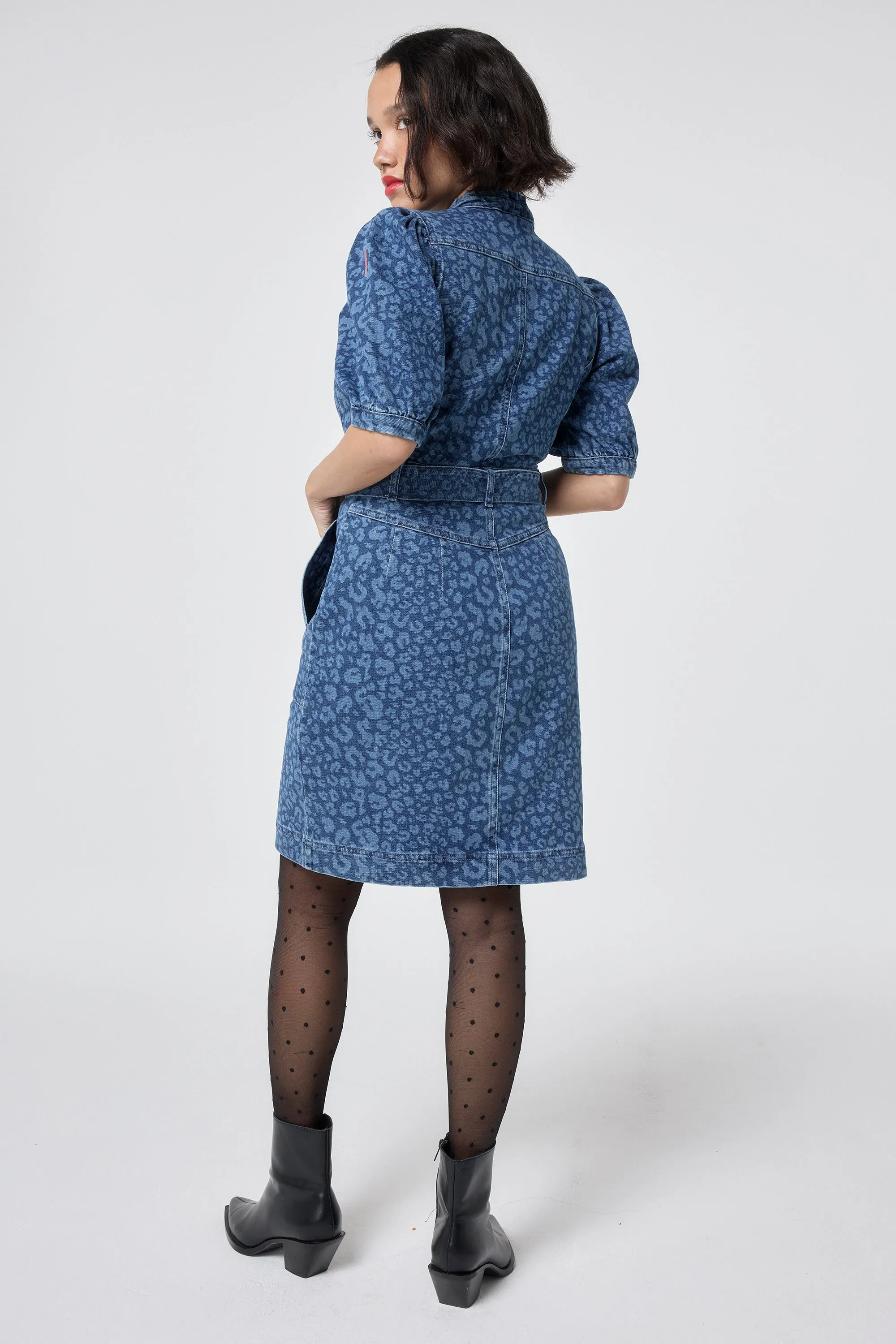 Authentic Indigo Leopard Zip Detail Short Denim Dress