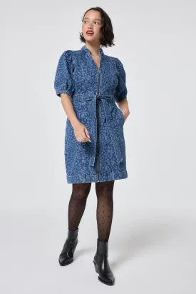 Authentic Indigo Leopard Zip Detail Short Denim Dress