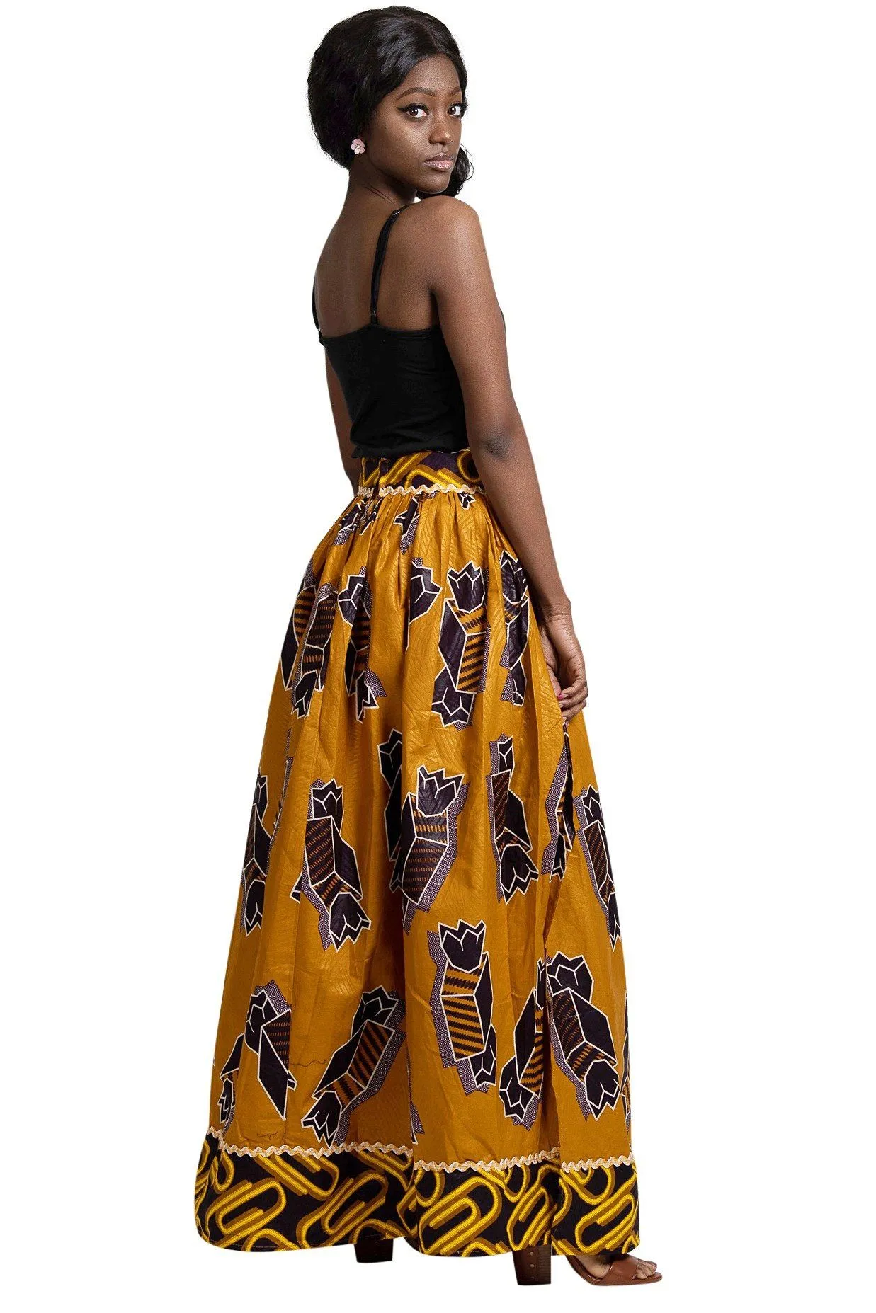 Ayomide African Print Maxi Skirt (Brown - Gold)