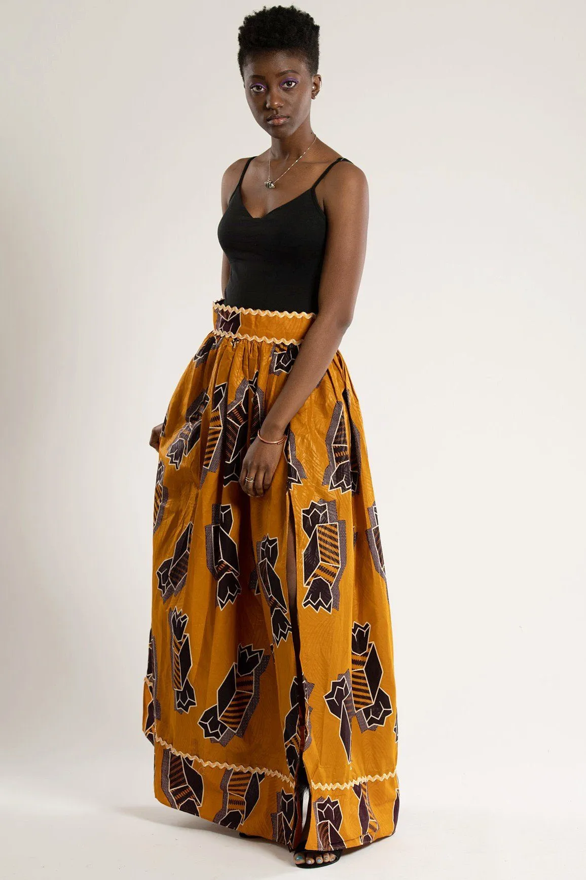 Ayomide African Print Maxi Skirt (Brown - Gold)