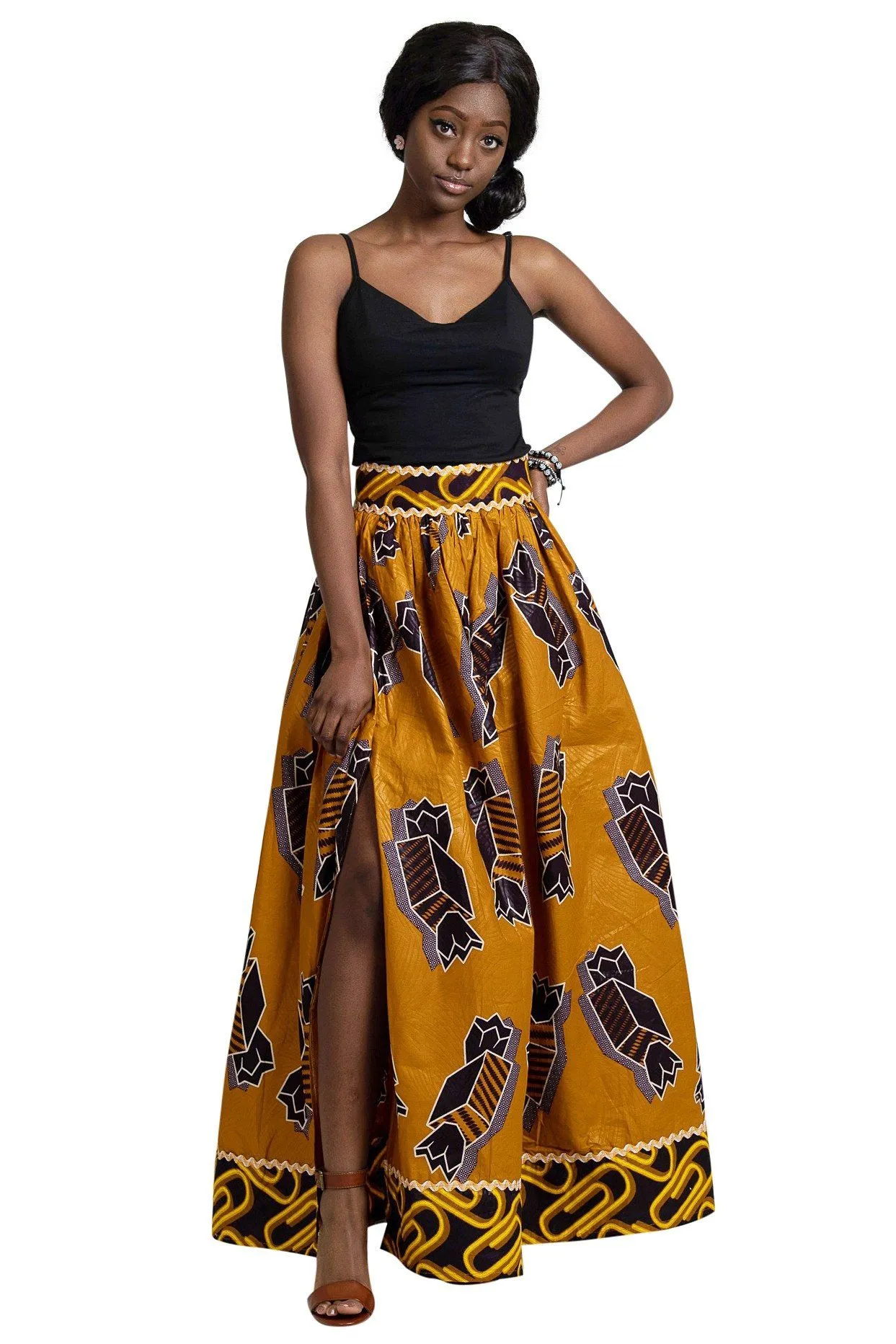 Ayomide African Print Maxi Skirt (Brown - Gold)