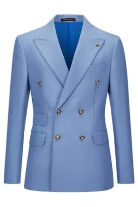 Barnett Fashion Light Blue Peaked Lapel Double-Breasted Prom Suit For Men