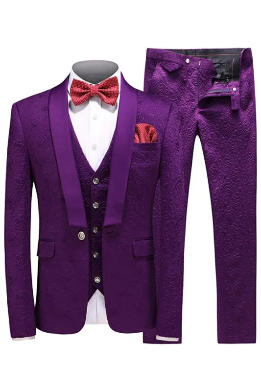 Beck Contemporary Purple Shawl Collar Three-Piece Jacquard Groom's Suit