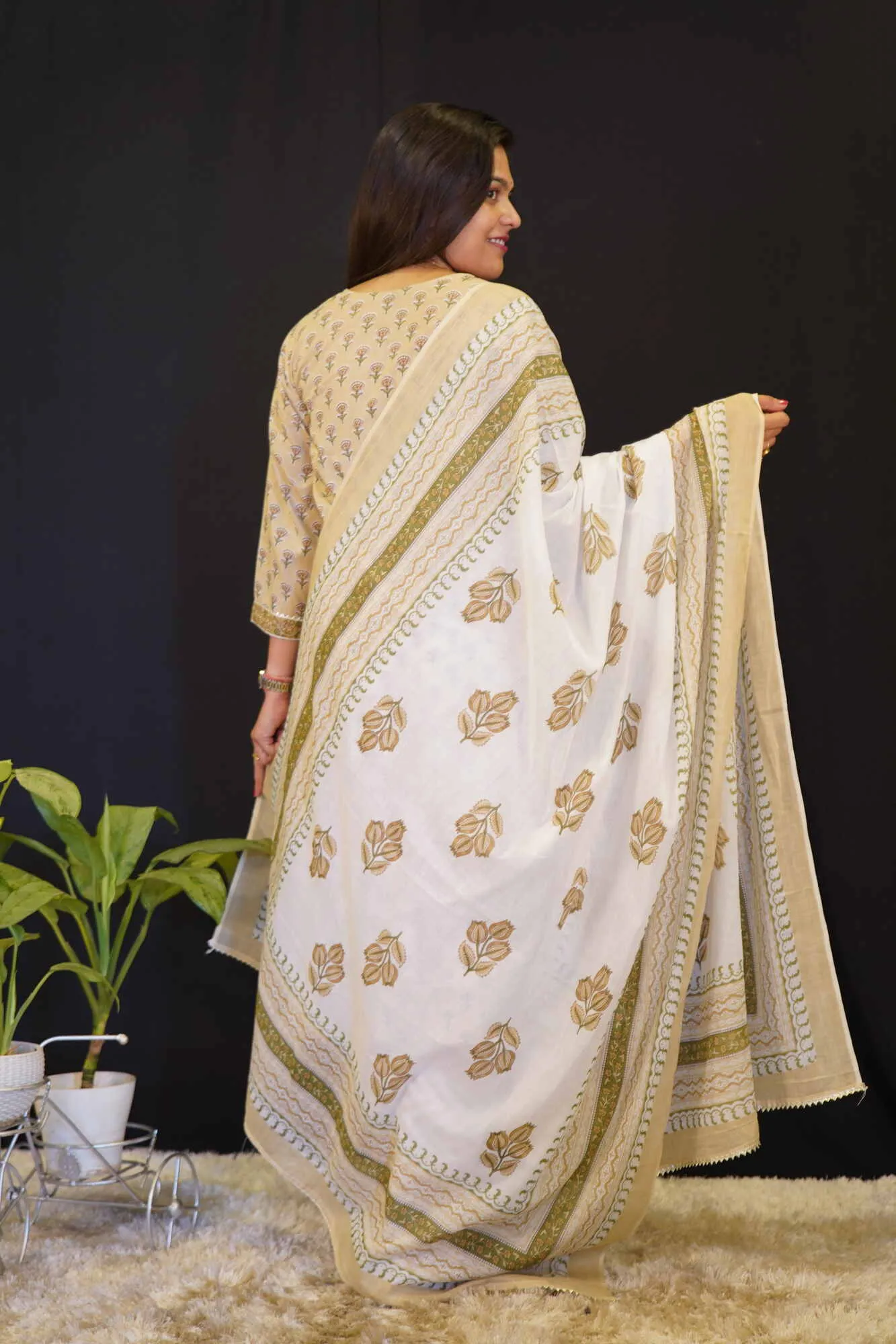 Beige & White Over All Block Printed With U neck  Premium Salwar Kameez with  dupatta