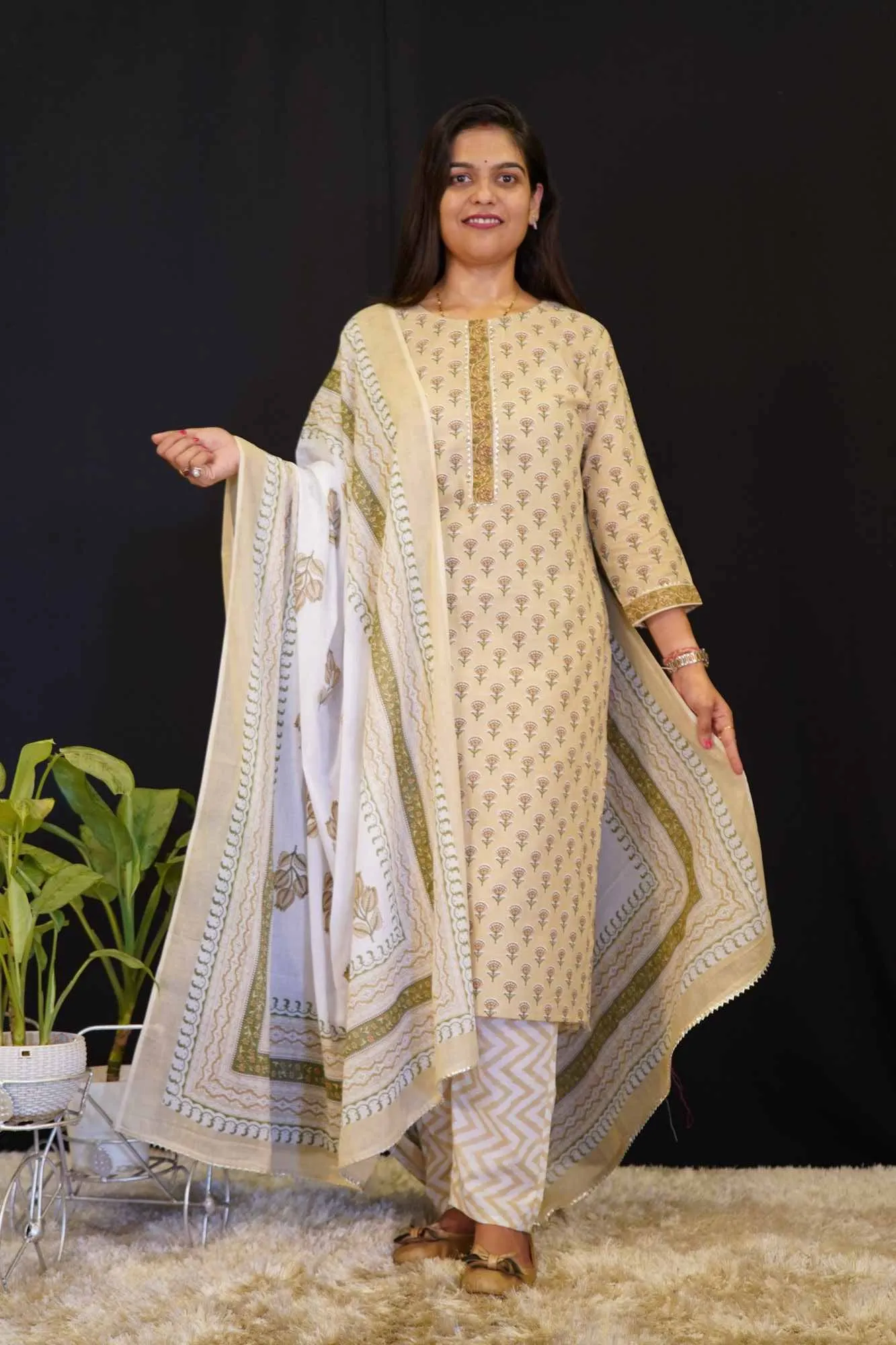 Beige & White Over All Block Printed With U neck  Premium Salwar Kameez with  dupatta