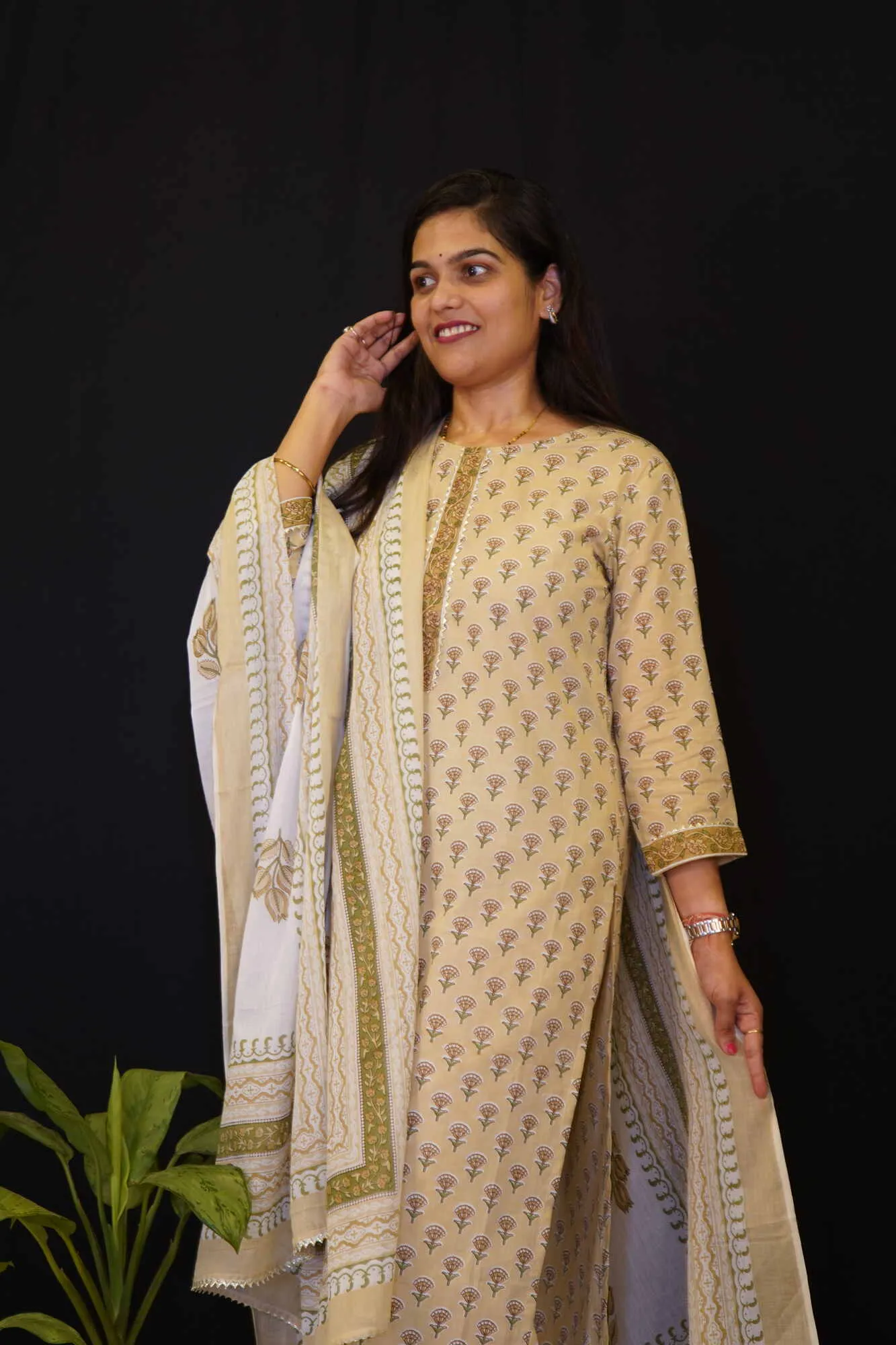 Beige & White Over All Block Printed With U neck  Premium Salwar Kameez with  dupatta