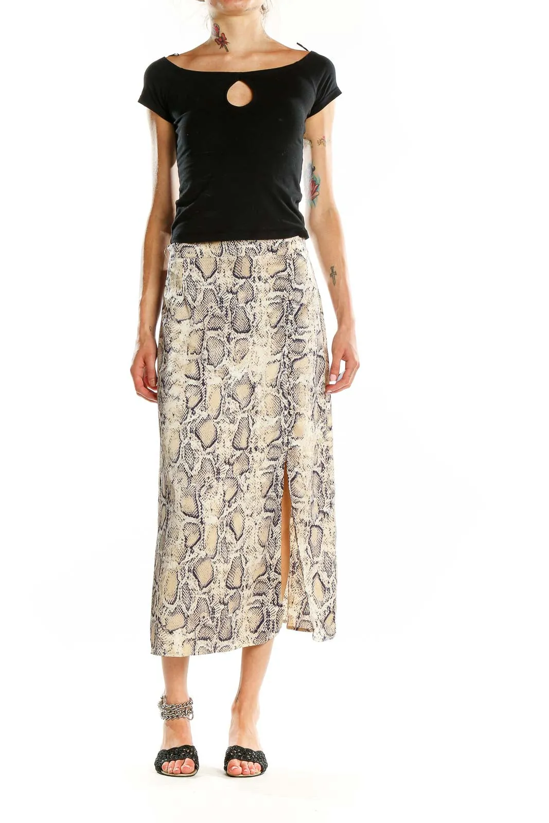 Beige Animal Print Midi Skirt