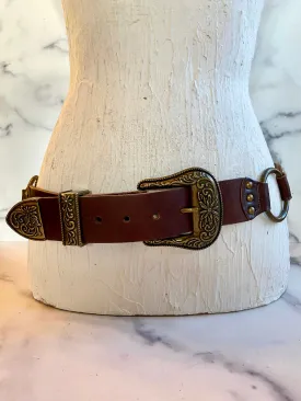 Big bronze buckle leather belt