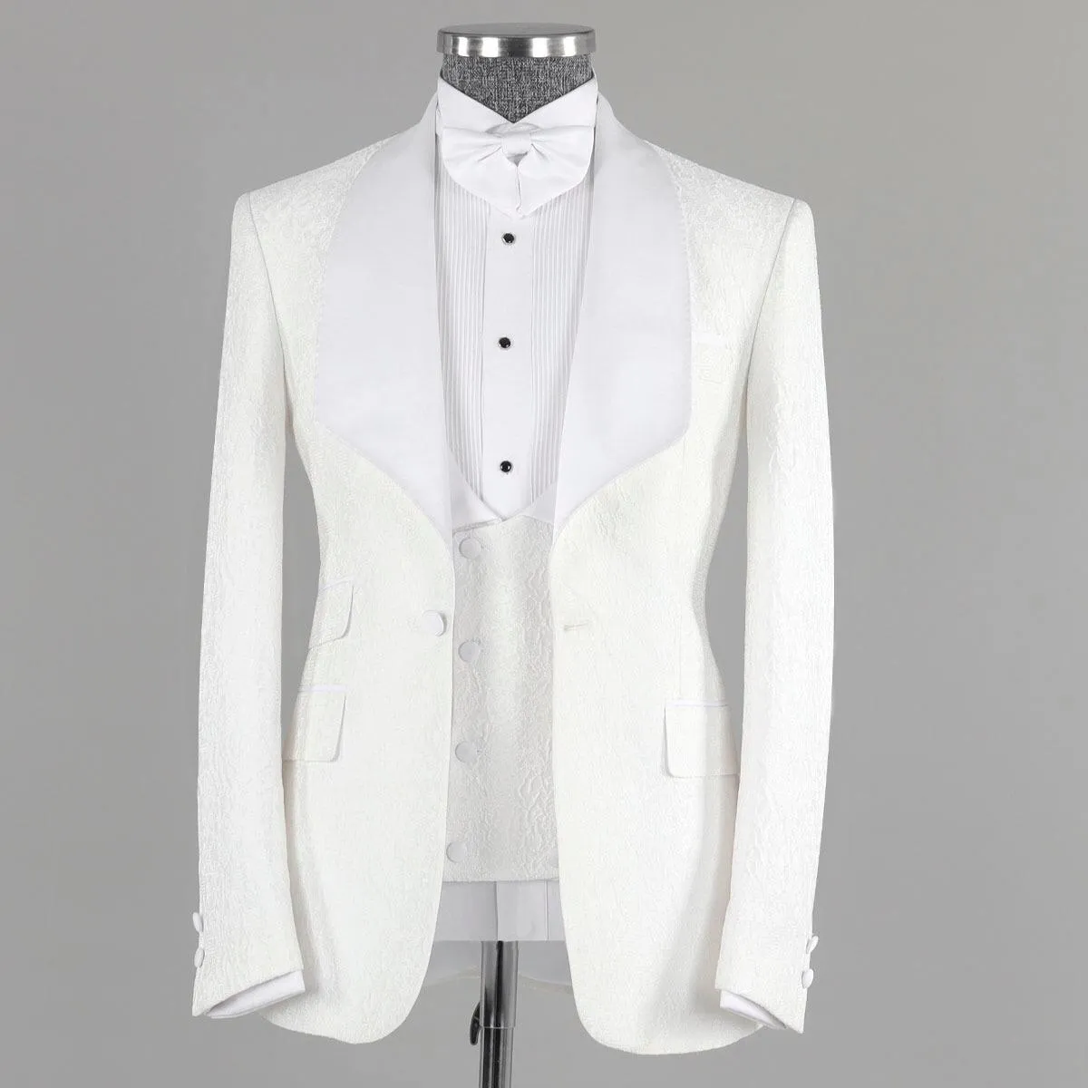 Billy White Jacquard Bespoke Three-Piece Wedding Suit with Shawl Lapel