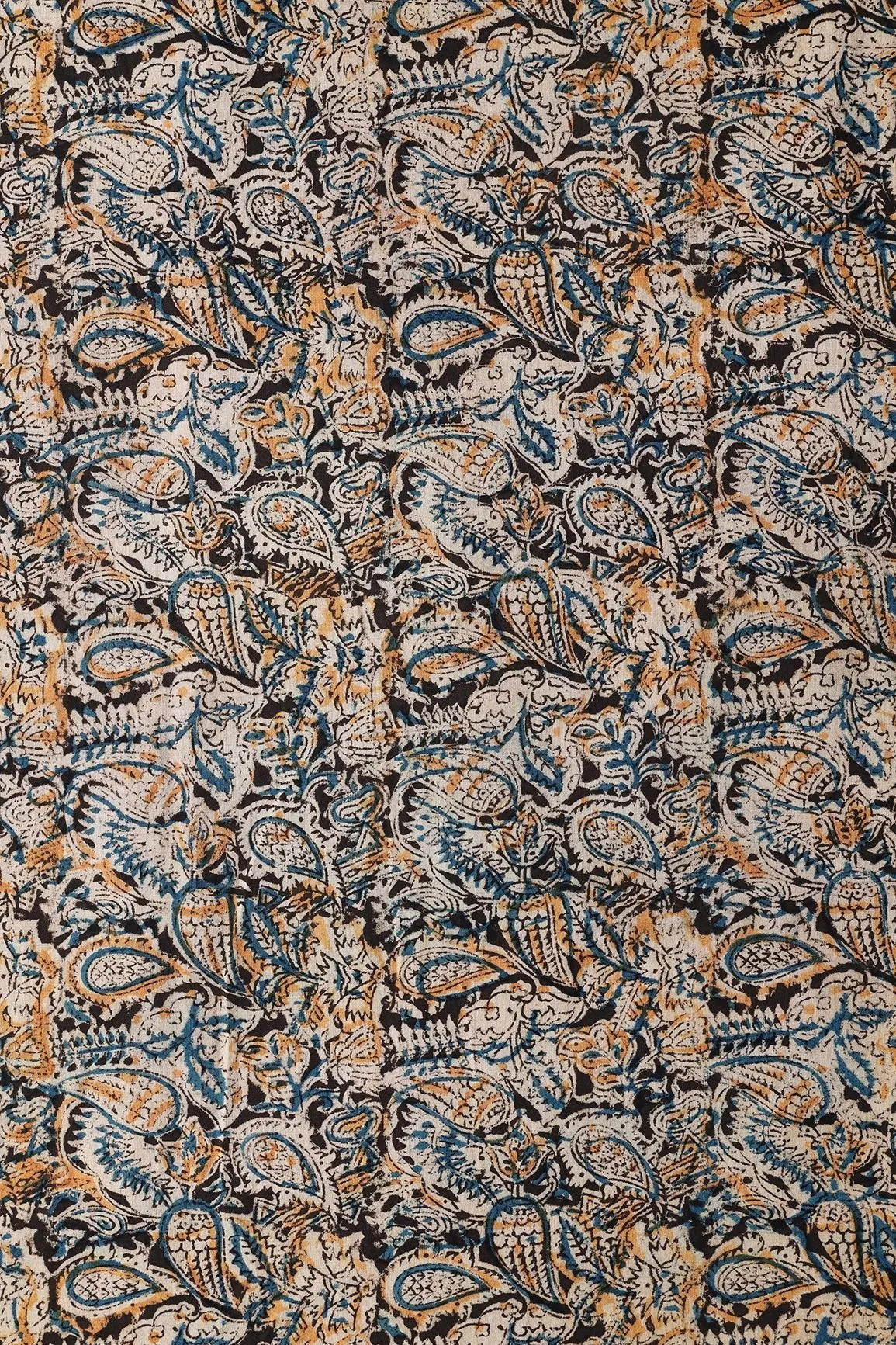 Black And Beige Floral Pattern Handblock Kalamkari Organic Cotton Fabric