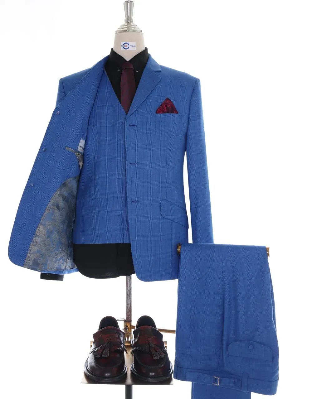 Blue Prince Of Wales Check 3 Piece  Suit