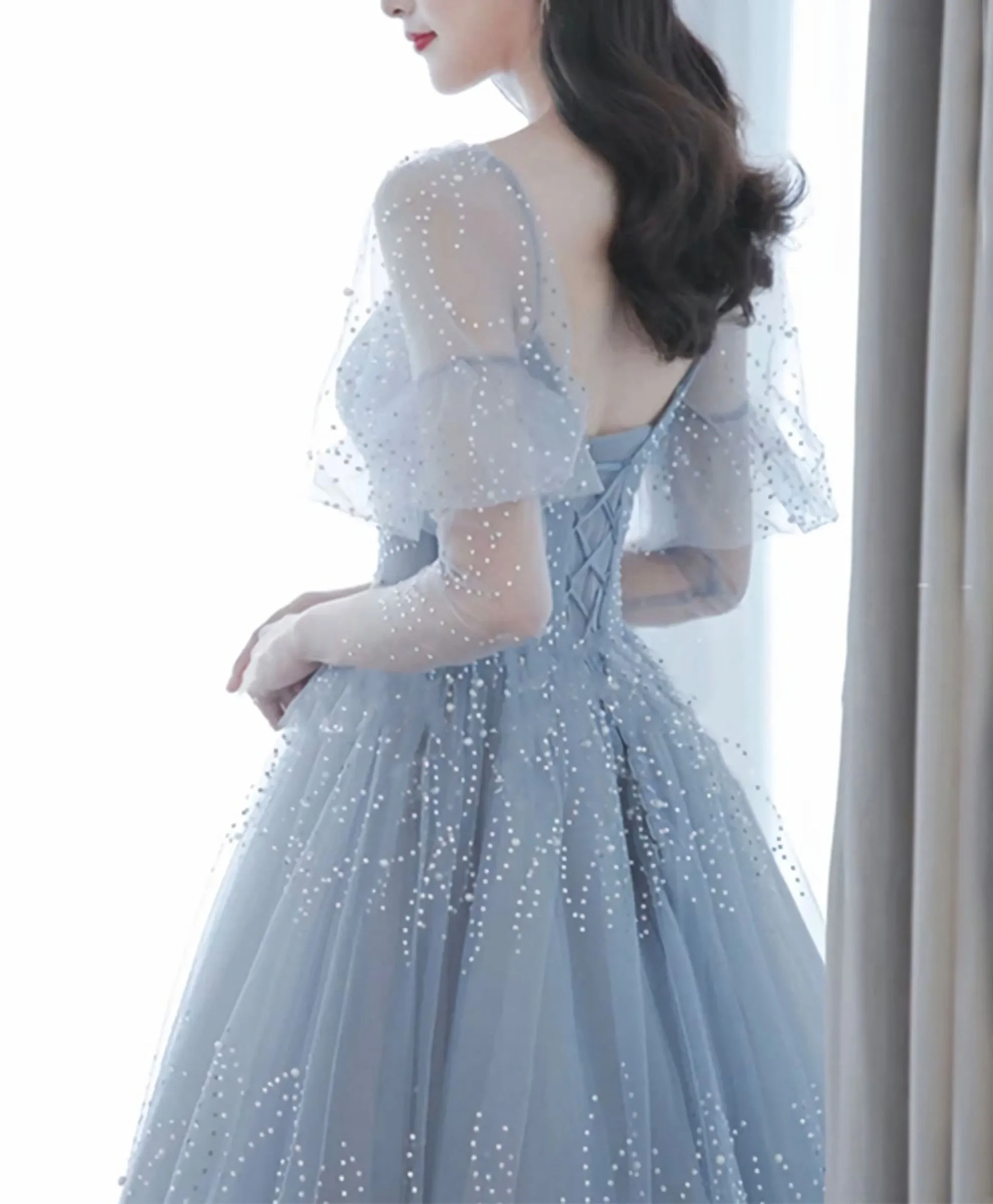 Blue V Neck Tulle Sequin Long Prom Dress, Blue Tulle Formal Dress, 1