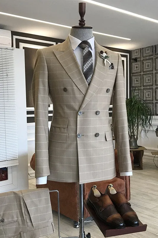 Bryant Fashionable Light Khaki Plaid Peaked Lapel Business Suit