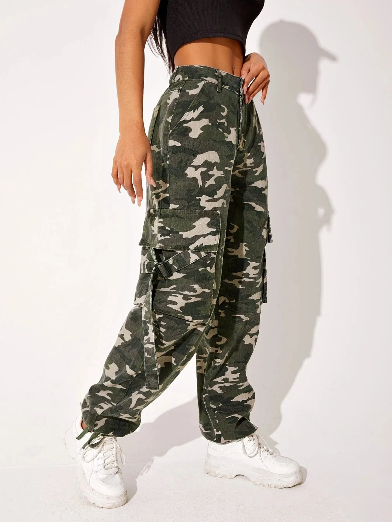 Camo Print Flap Pocket Cargo Jeans