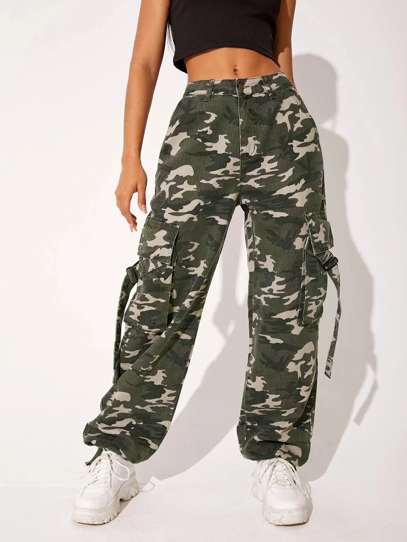 Camo Print Flap Pocket Cargo Jeans