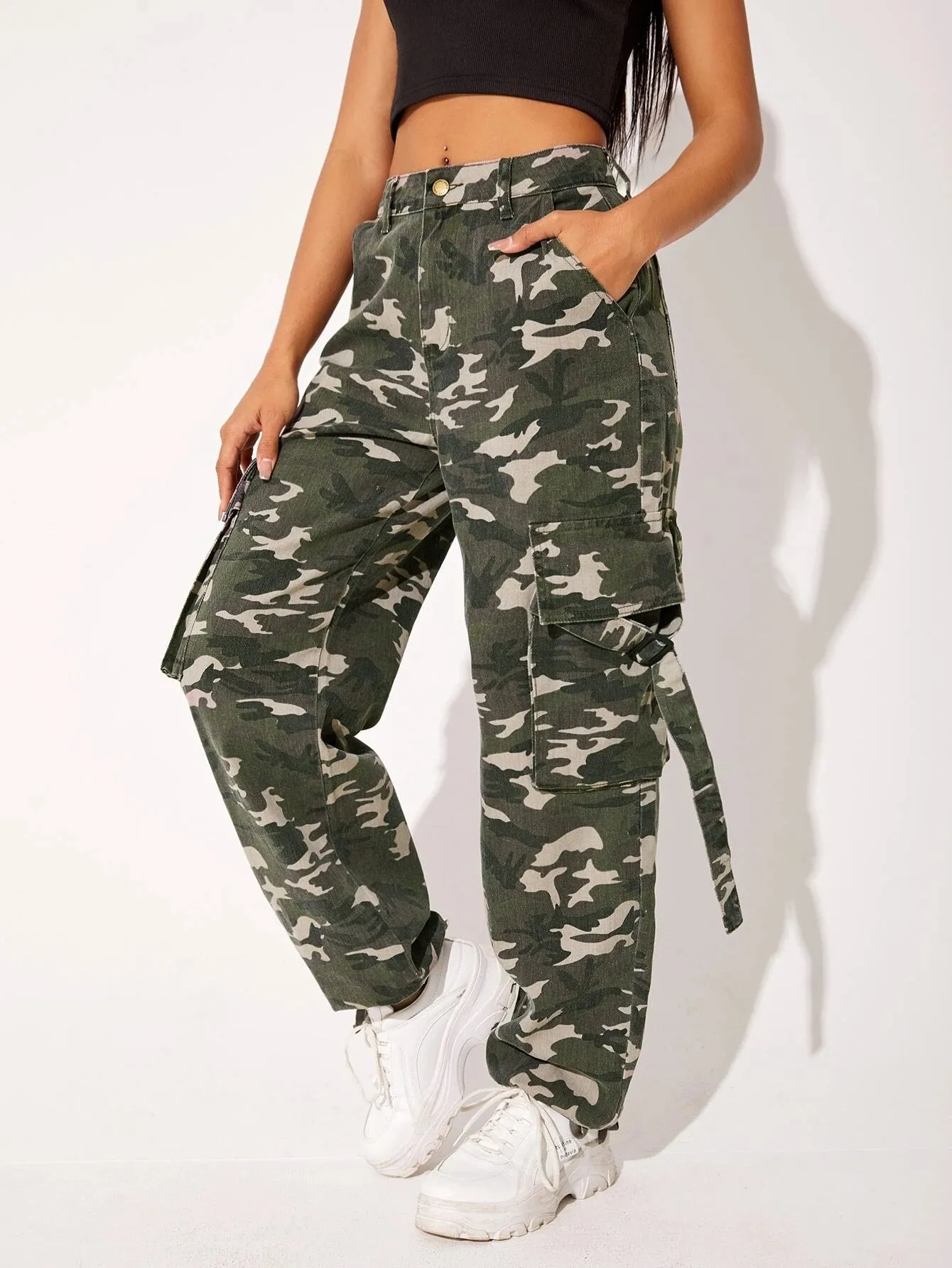 Camo Print Flap Pocket Cargo Jeans