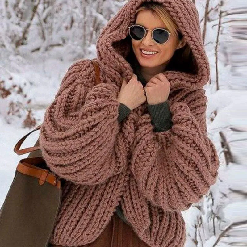 Chic Oversized Puff Sleeve Hand Knit Chunky Yarn Hooded Cardigan