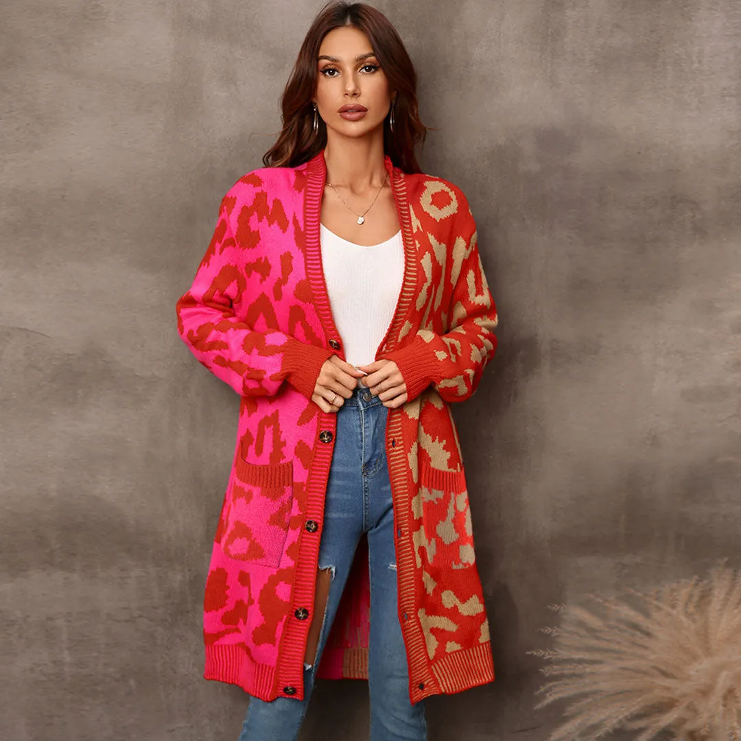 Chic Two Tone Button Front Long Sleeve Leopard Jacquard Knit Cardigan